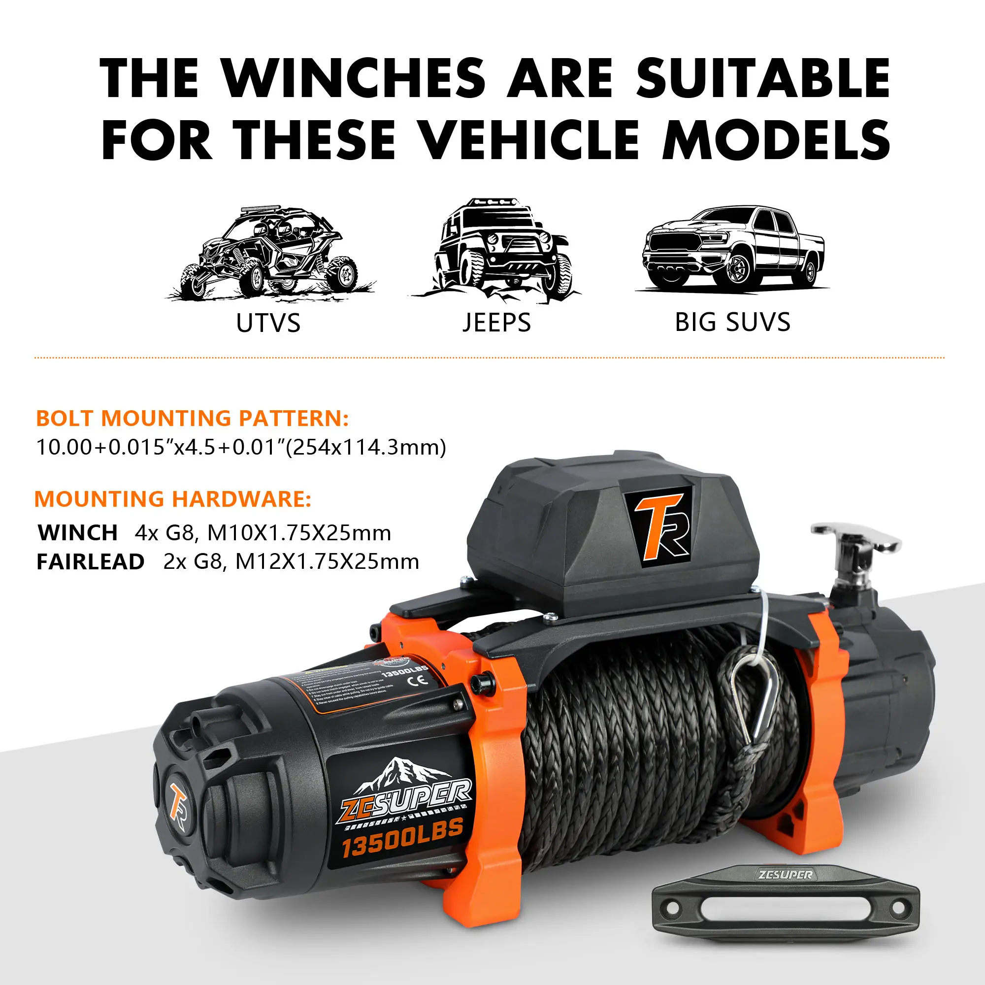 12V 13500 lb Load Capacity Electric Winch Synthetic Rope Hook Winch Kit Waterproof IP66 Electric Winch with Hawse Fairlead and 2