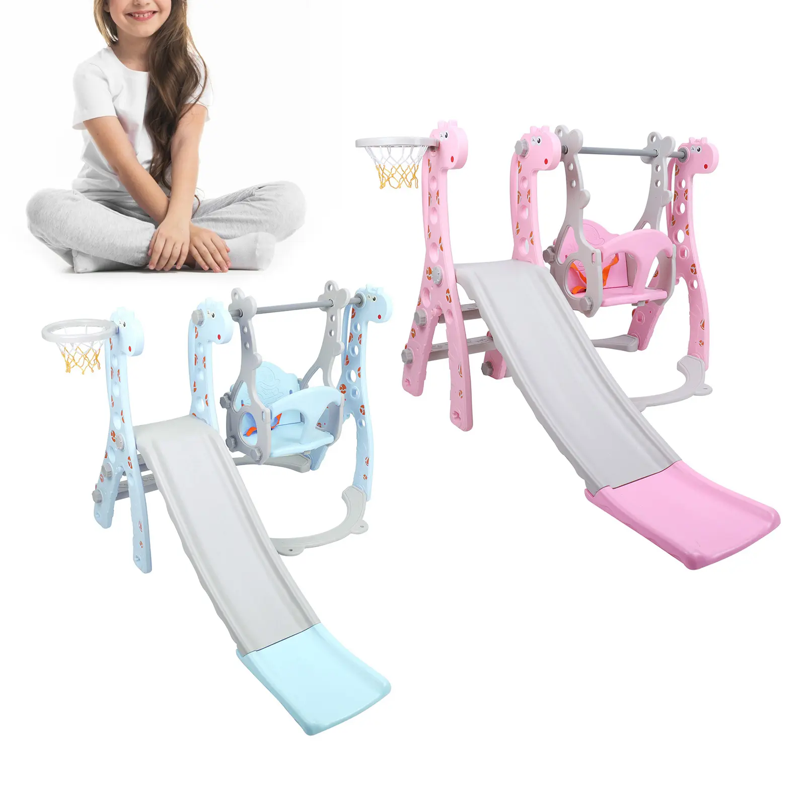 Children Play Slide Set Climber Swing Set Toddler Climber Swing Set with Basketball Hoop Outdoor Indoor Children Play Slide Set