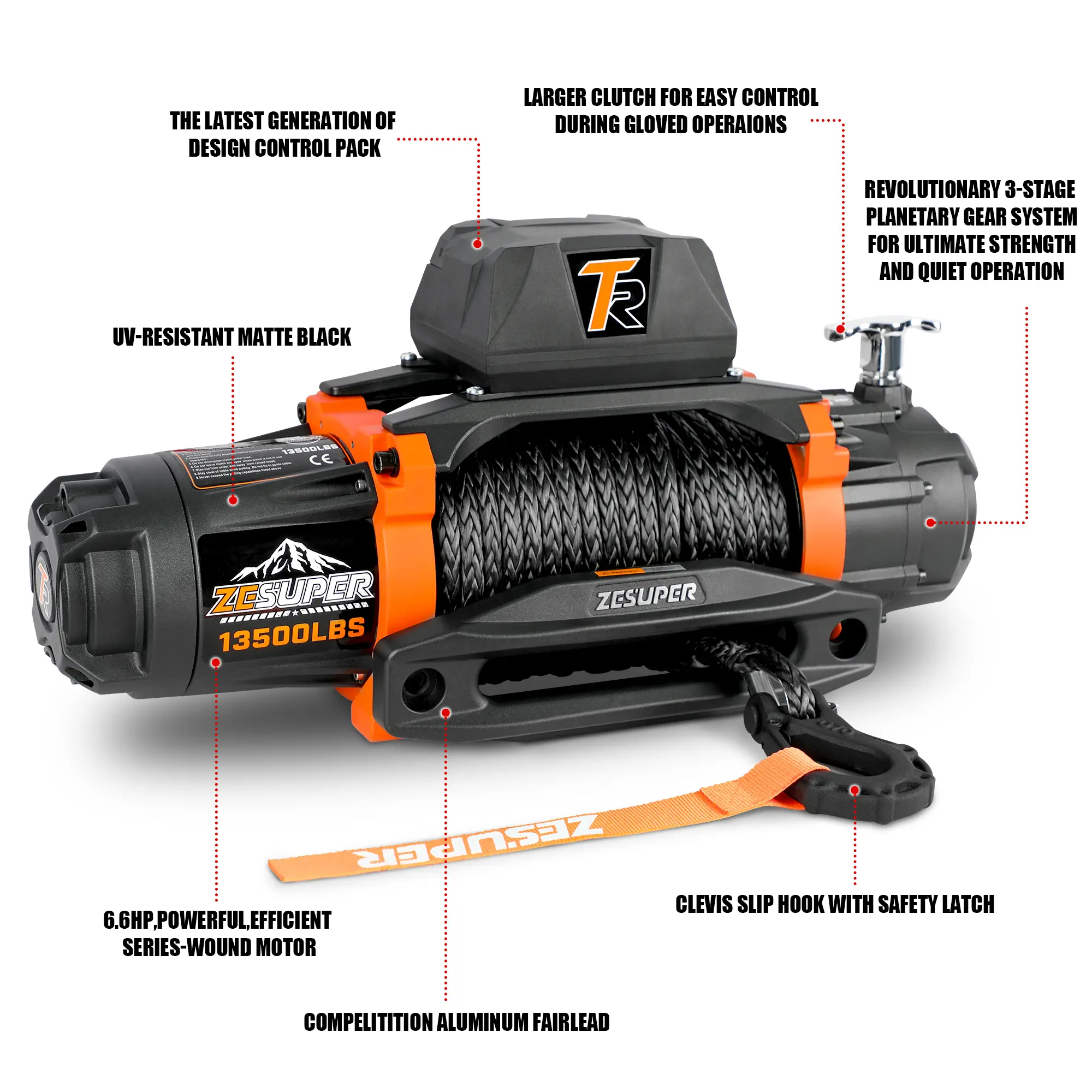 12V 13500 lb Load Capacity Electric Winch Synthetic Rope Hook Winch Kit Waterproof IP66 Electric Winch with Hawse Fairlead and 2