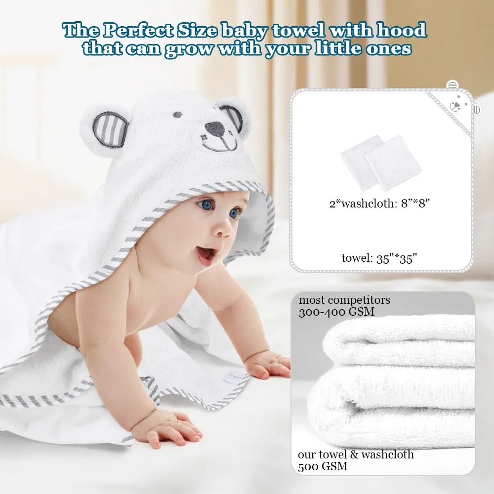 Kisdream Baby Hooded Towel Organic Bamboo Fiber Baby Bath Towels Bear Embroided Handkerchief Soft Nature Towel for Toddlers Supe