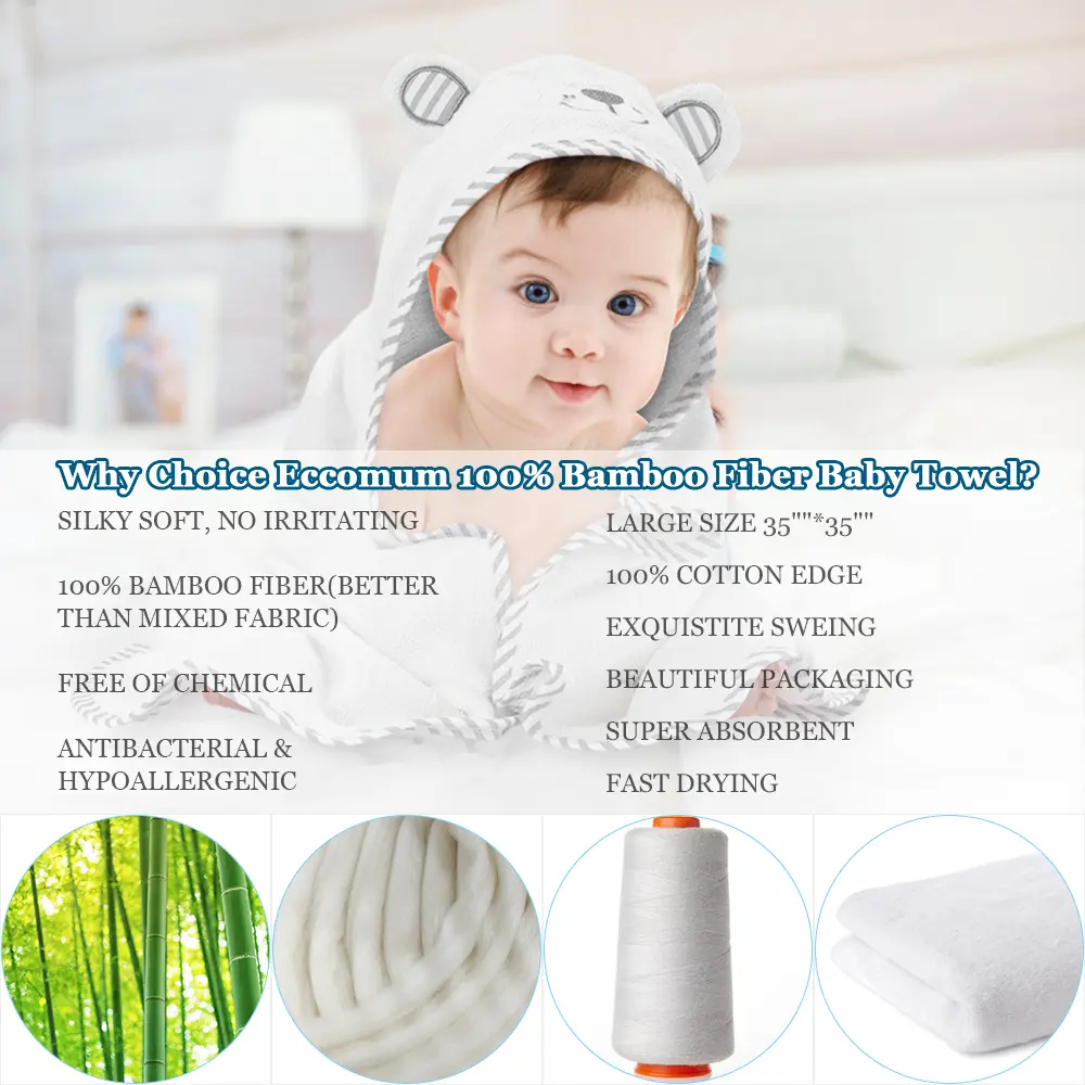 Kisdream Baby Hooded Towel Organic Bamboo Fiber Baby Bath Towels Bear Embroided Handkerchief Soft Nature Towel for Toddlers Supe