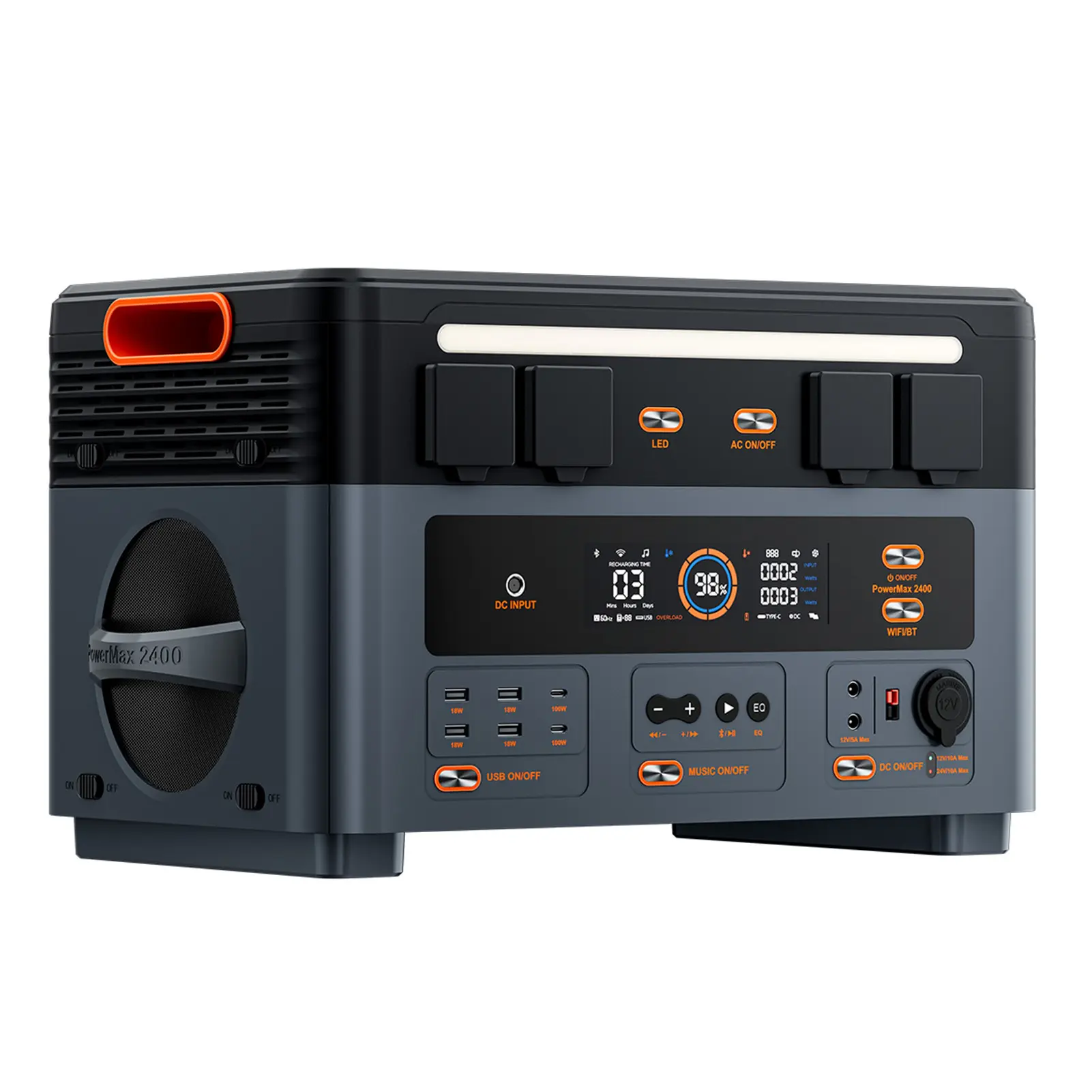PowerMax 2400 2400W 1872Wh Portable Power Station, Dual Speaker 1.2h Fast Charging, App Control, LED Light, 16 Outputs, UPS