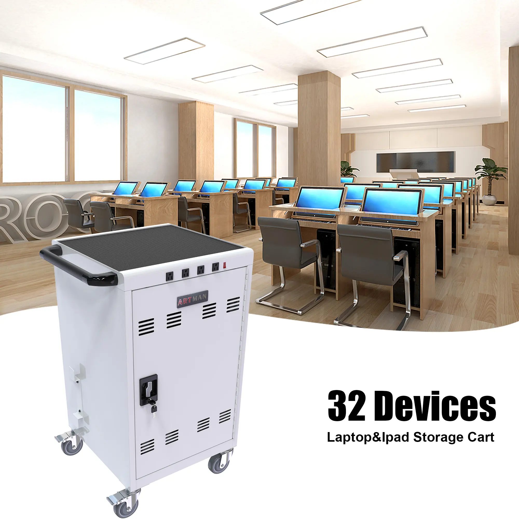 Mobile Charging Cart and Cabinet for Tablets Laptops 30-Device With  Extra  4 bits power stuip--white