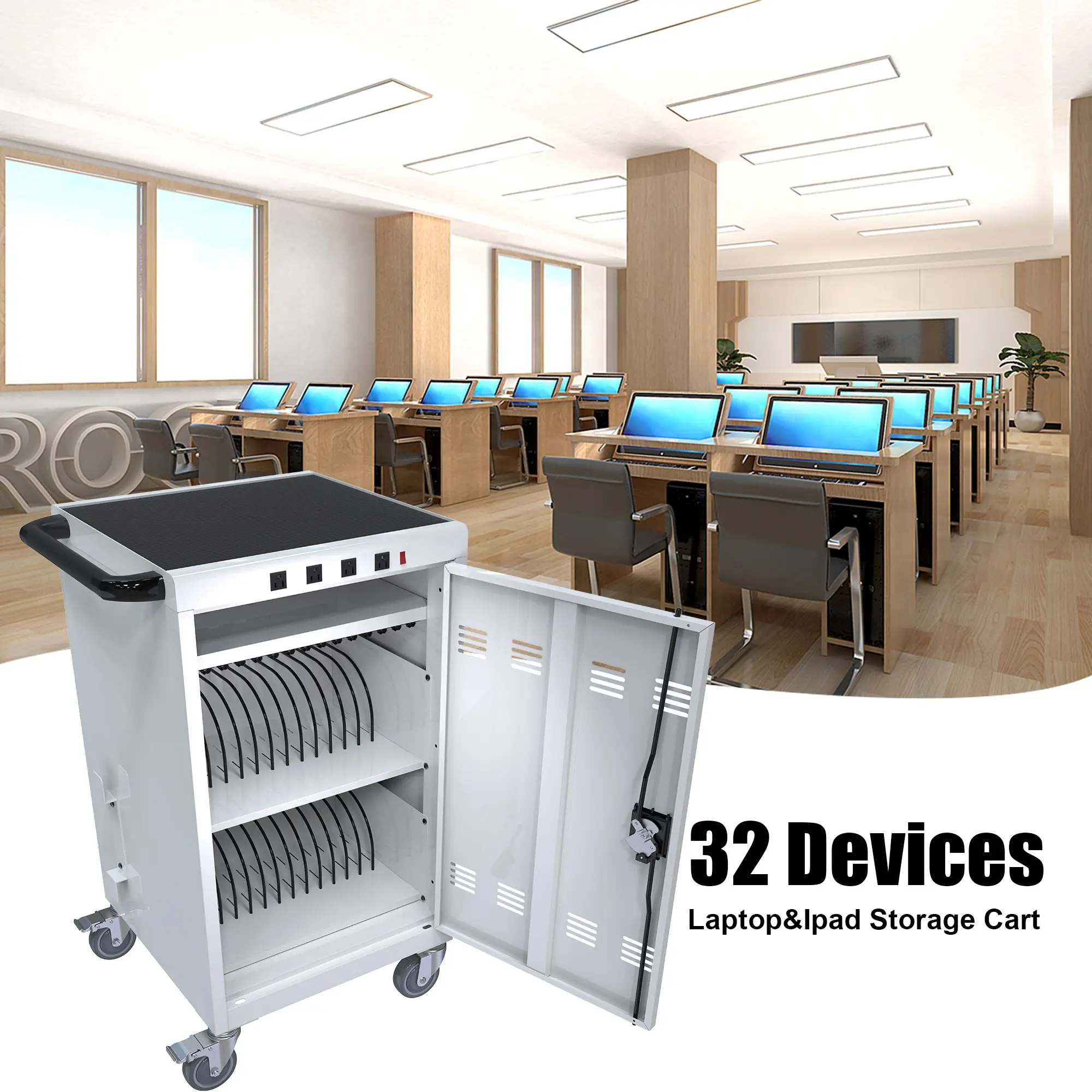 Mobile Charging Cart and Cabinet for Tablets Laptops 30-Device With  Extra  4 bits power stuip--white