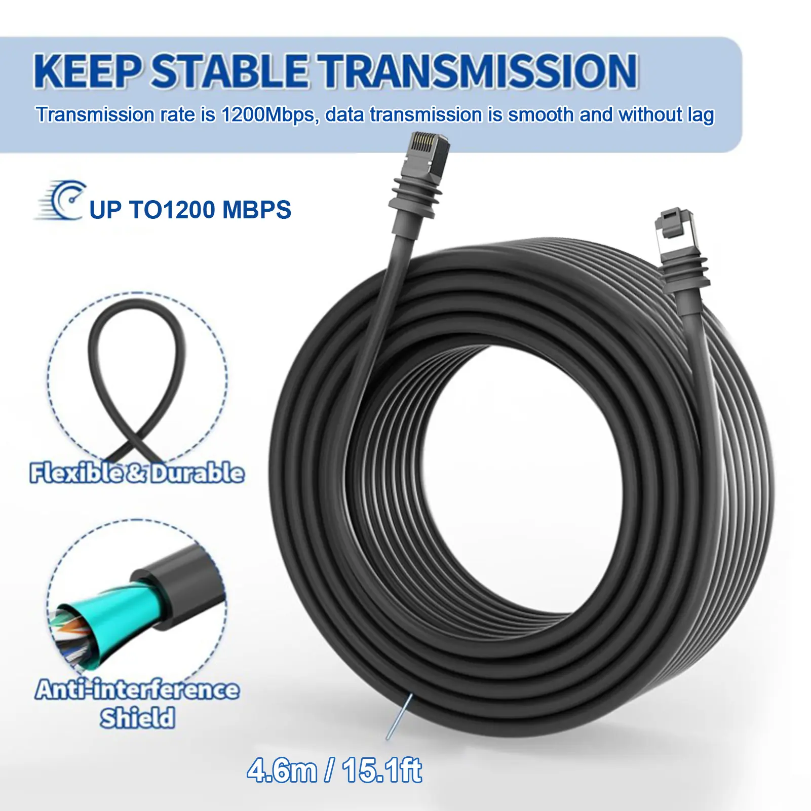 Satellite Extension Cable Lightweight Satellite Replacement Extension Cable Heat Resistant 1200Mbps IP68 Waterproof for Indoor