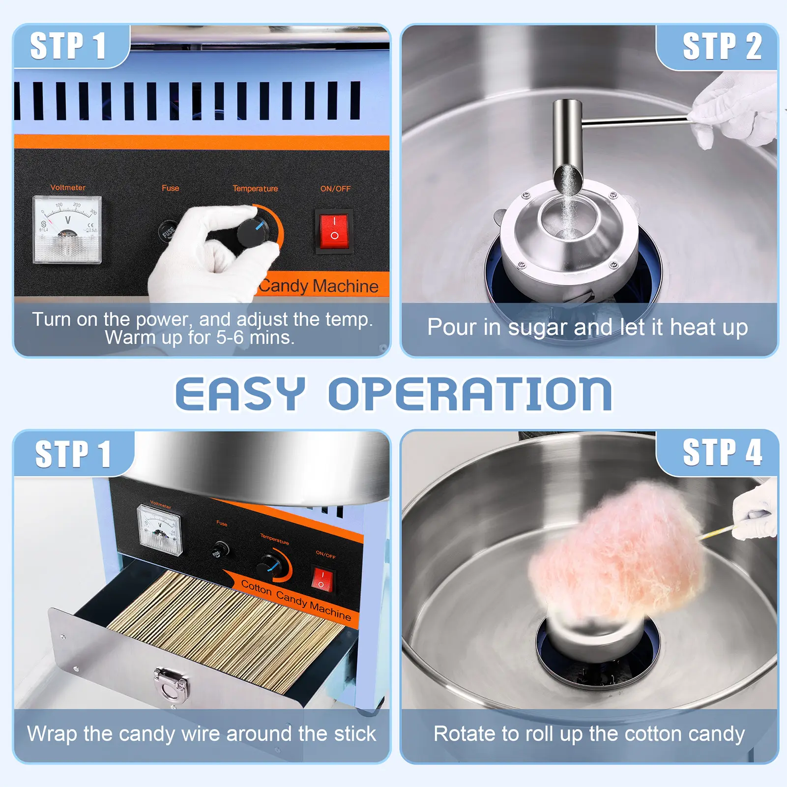 Electric Cotton Candy Machine Candy Floss Maker Commercial Cotton Candy Machine with Stainless Steel Bowl and Sugar Scoop