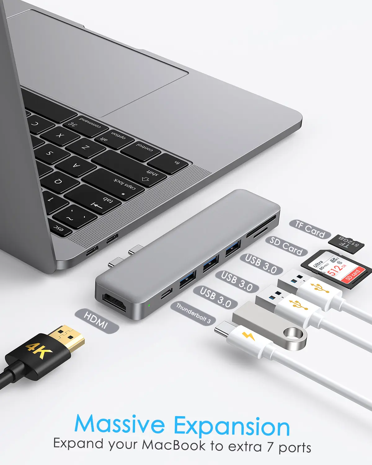 dodocool Aluminum Alloy 7-in-1 Multiport Hub with Dual USB-C Connectors 4K Video HD Output Port SD/TF Card Reader USB 3.1 Type-C