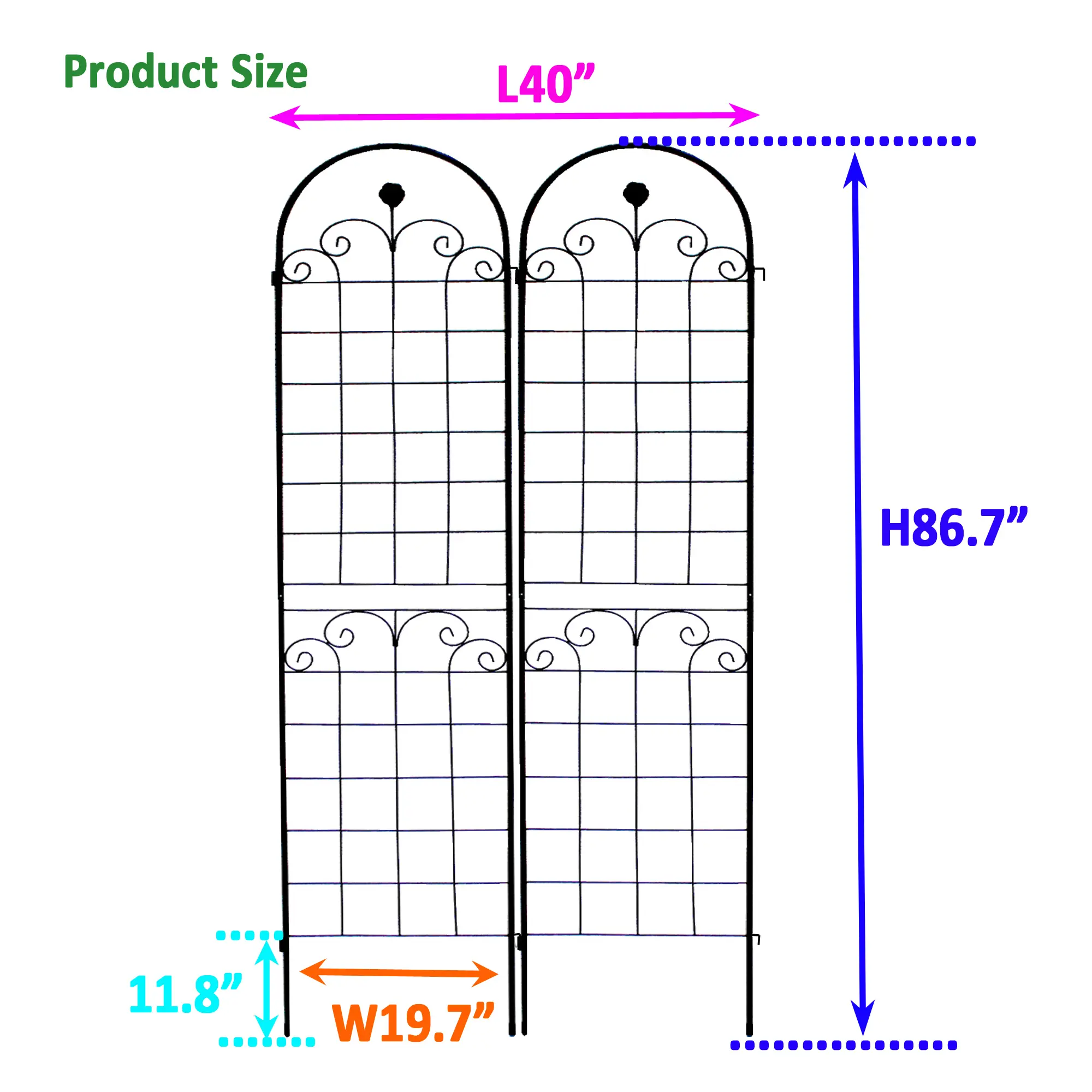 2 Pack Metal Garden Trellis for Climbing Plants Outdoor 86.7'' x 19.7'' Rustproof Plant Support Rose Trellis Netting Trellis Bla