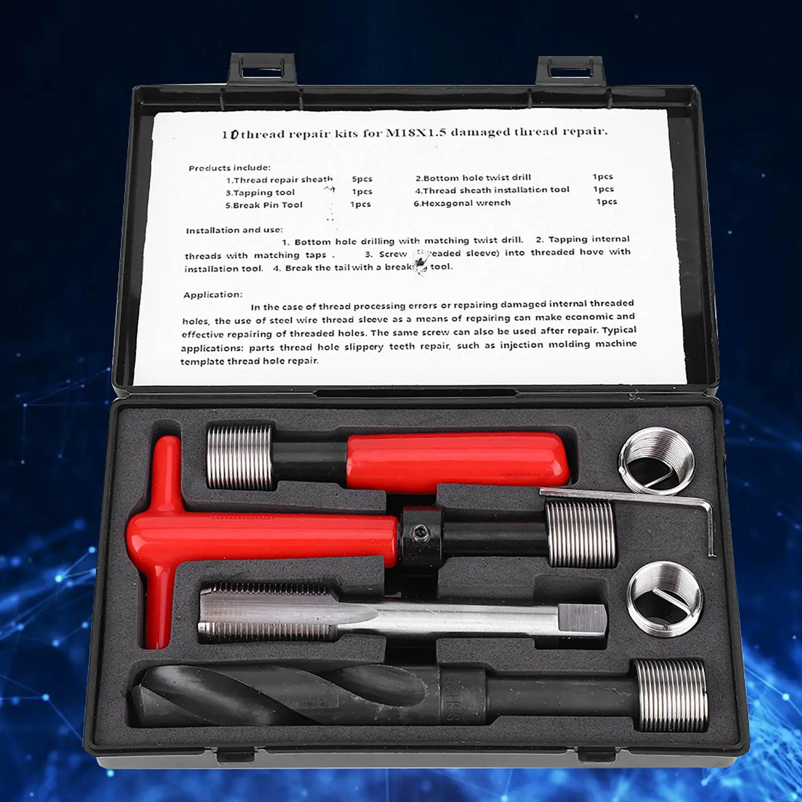 Thread Repair Kit Stainless Steel Twisted Drill Wrench Threaded Insert for Car M18x1.5 Thread Repair Kit Twisted Drill Tap