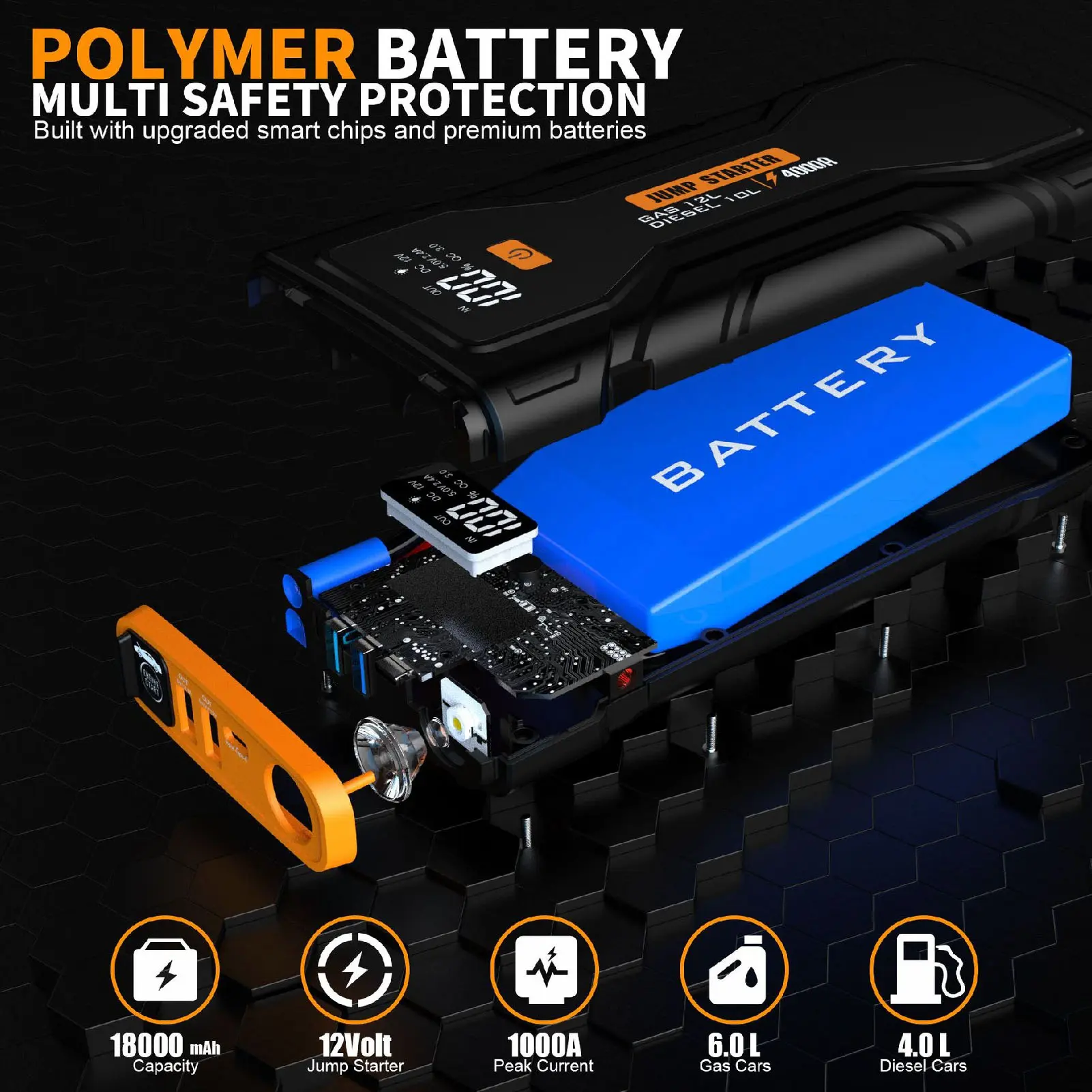 Jump Starter Battery Pack with Tire Inflator 2000A 8000mAh 12V Portable Battery Booster Jump Box with Emergency Light for Car