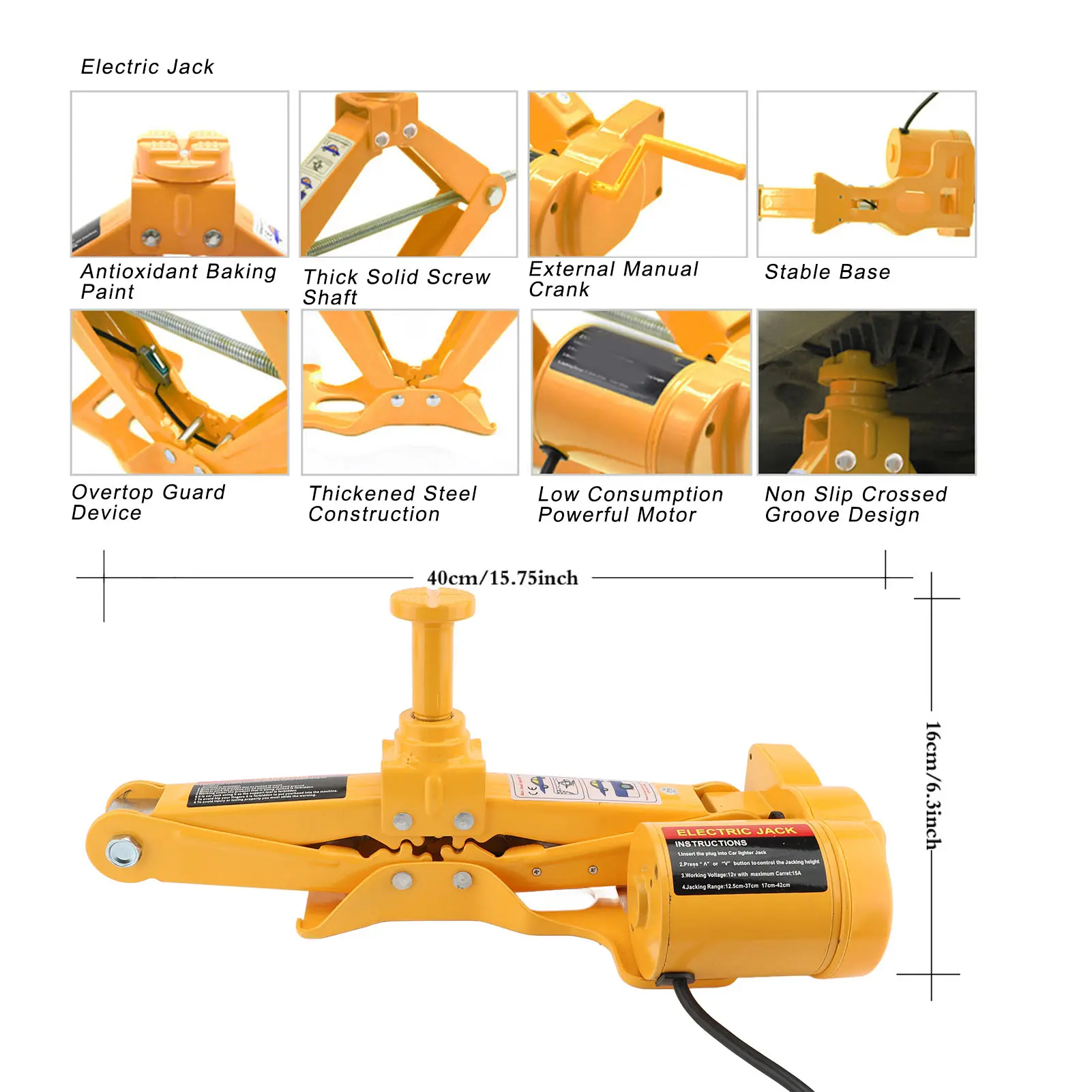 80W  Wrench High Hardness 3T Maximum Load 150PSI Inflator Pump Lifting Jack Set 170-420mm Range for Car Emergency Repair