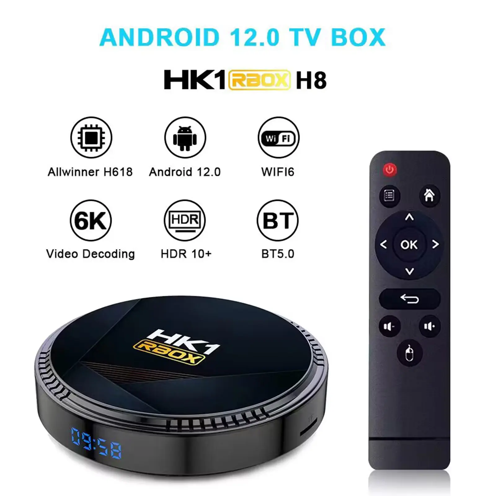 HK1 RBOX-H8 WIFI6 Android 12.0 Smart TV Box Allwinner H618 Quad-core 4K Media Player H.265 VP9 6K Decording Dual Band WiFi6 BT5.