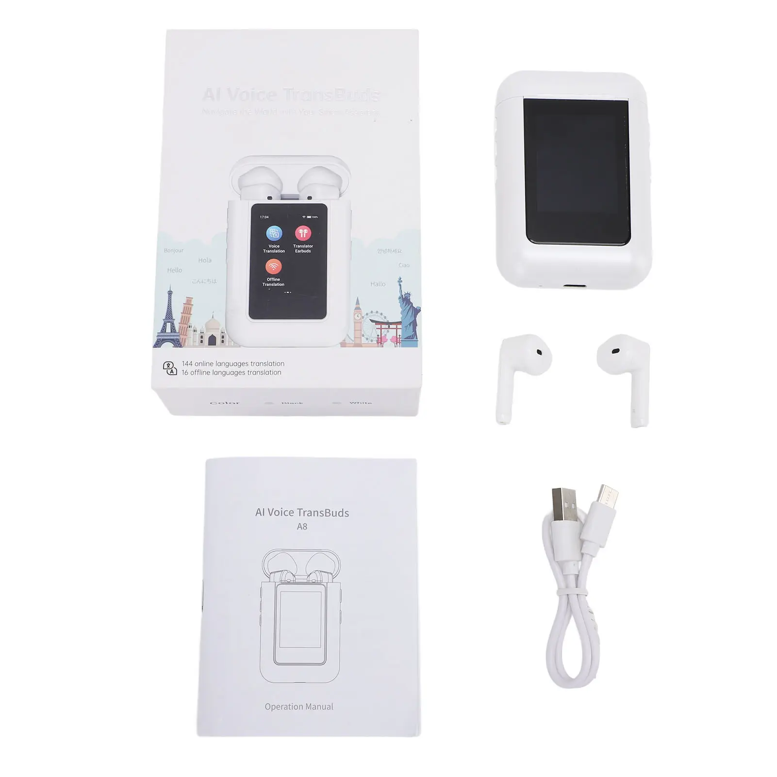 Translation Earphone Bluetooth Translation Earphones LCD Screen 144 Languages AI Interaction Recording Translation Earbuds
