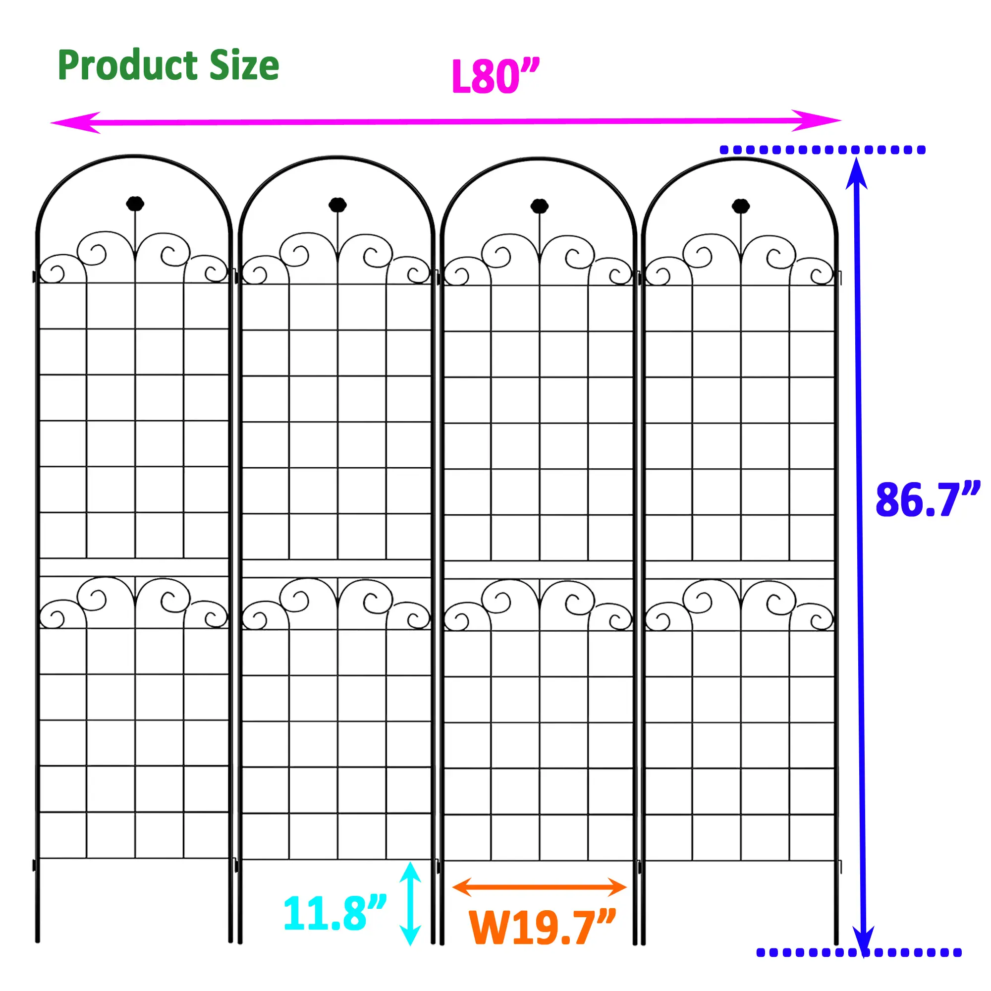 4 Pack Metal Garden Trellis for Climbing Plants Outdoor 86.7'' x 19.7'' Rustproof Plant Support Rose Trellis Netting Trellis Bla
