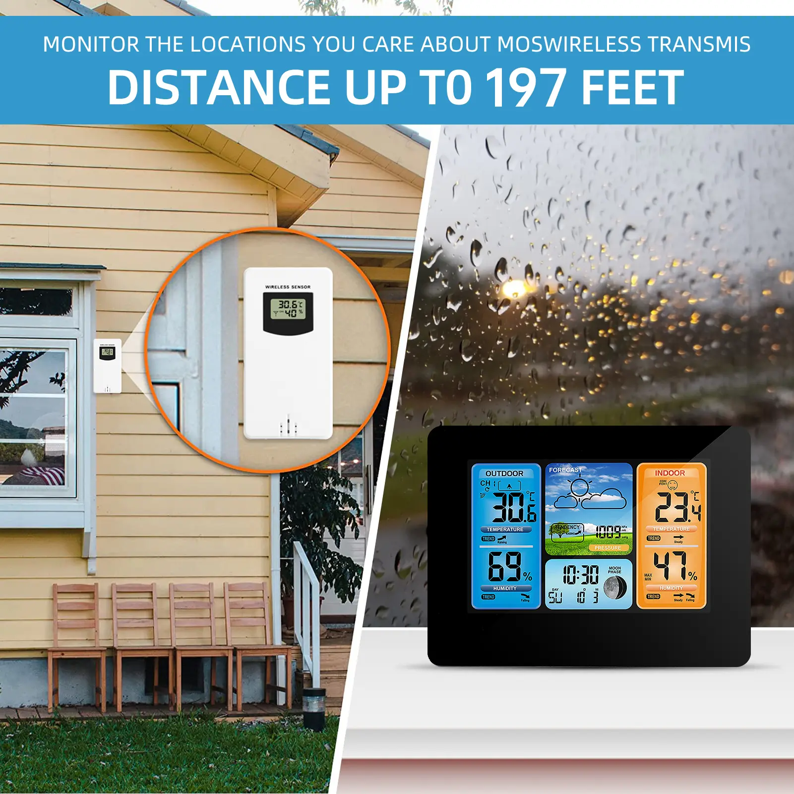 Indoor Outdoor Thermometer Wireless Weather Station with Atomic Clock Temperature Humidity Meter HD Color Display Weather Thermo