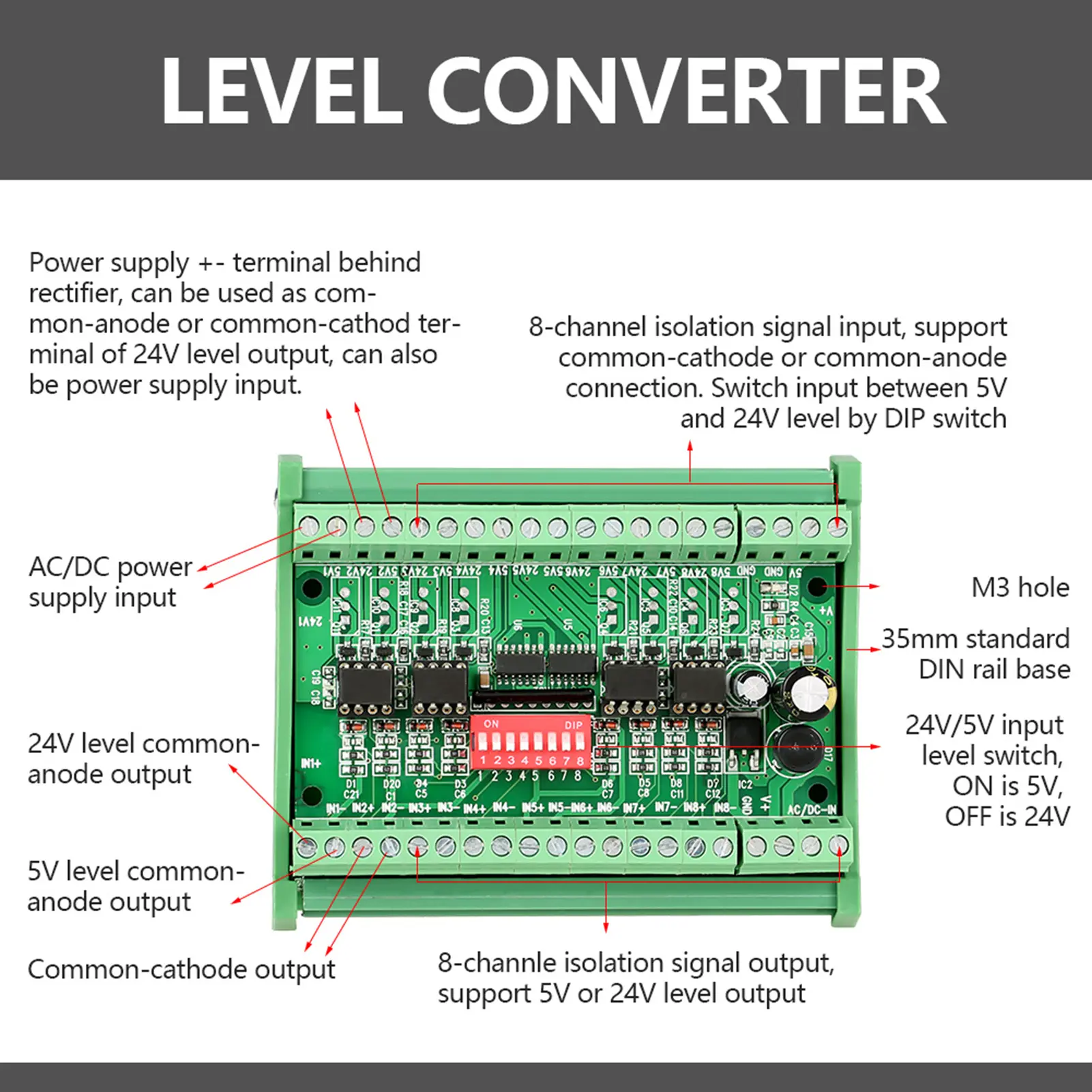 8-Channel Level Converter Module 8-Channel NPN/PNP to NPN 5V/24V SquareWave  Conversion Module Level Converter 10MHZ