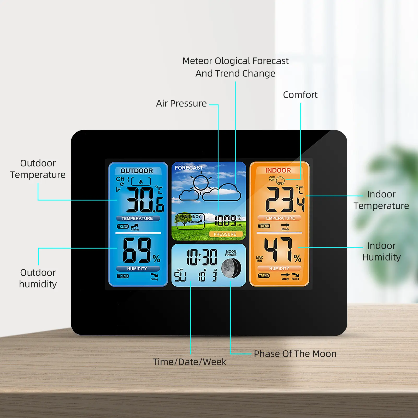 Indoor Outdoor Thermometer Wireless Weather Station with Atomic Clock Temperature Humidity Meter HD Color Display Weather Thermo