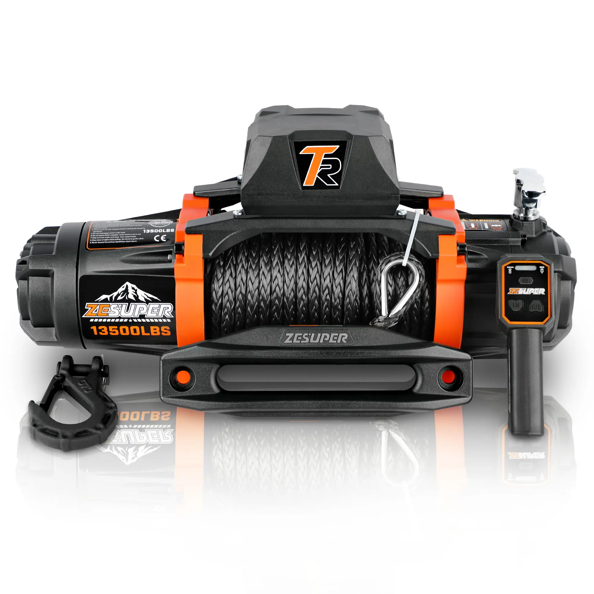 Electric Winch 12V 13500 lb Load Capacity Synthetic Rope Hook Winch Kit Waterproof IP66 Electric Winch with Hawse Fairlead and 2