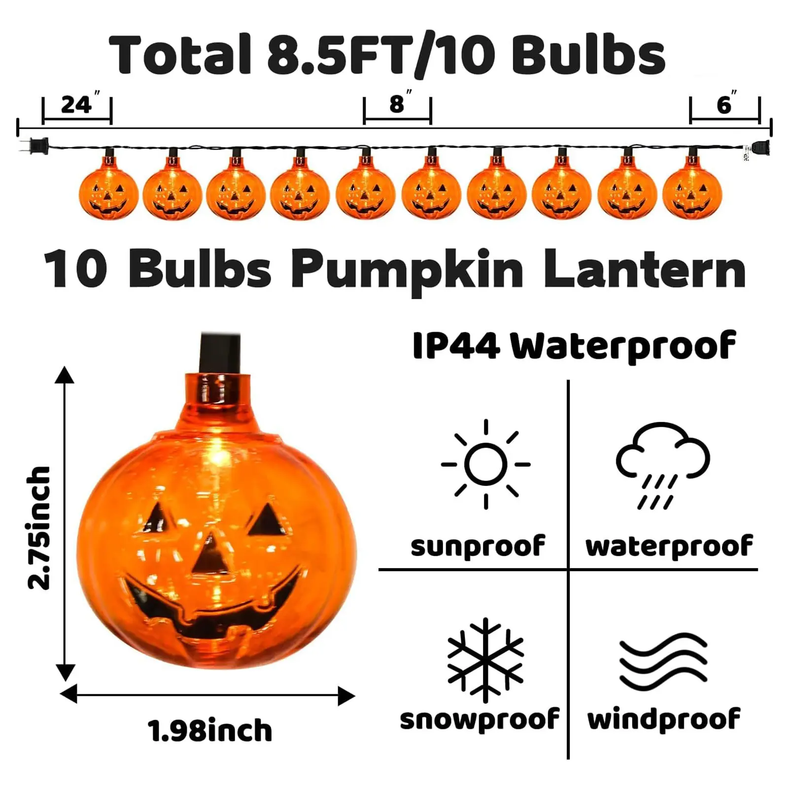 All Saints' Day 8.5FT Pumpkin String Lights with 10 Smiling Jack O Lantern Pumpkin Lights Party Lights for Outdoors & Indoors Ya