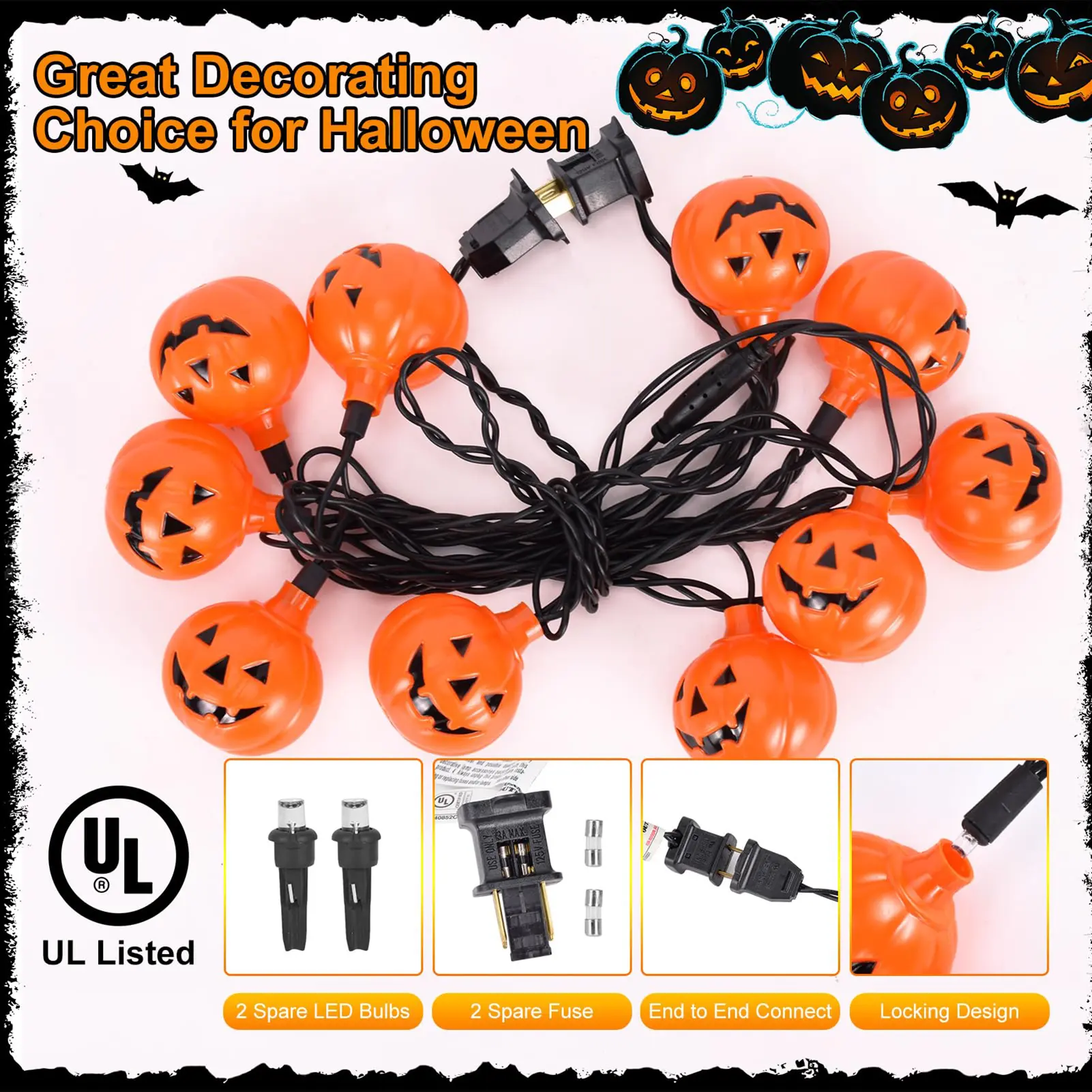 All Saints' Day 8.5FT Pumpkin String Lights with 10 Smiling Jack O Lantern Pumpkin Lights Party Lights for Outdoors & Indoors Ya