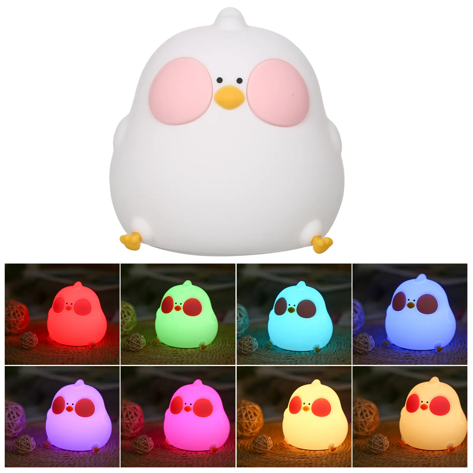 RGB Changing Nightlight Cute Chicken Night Light Silicone Chick Bedside Nursery Lamp Dimmable Rechargeable Tap Control for Baby