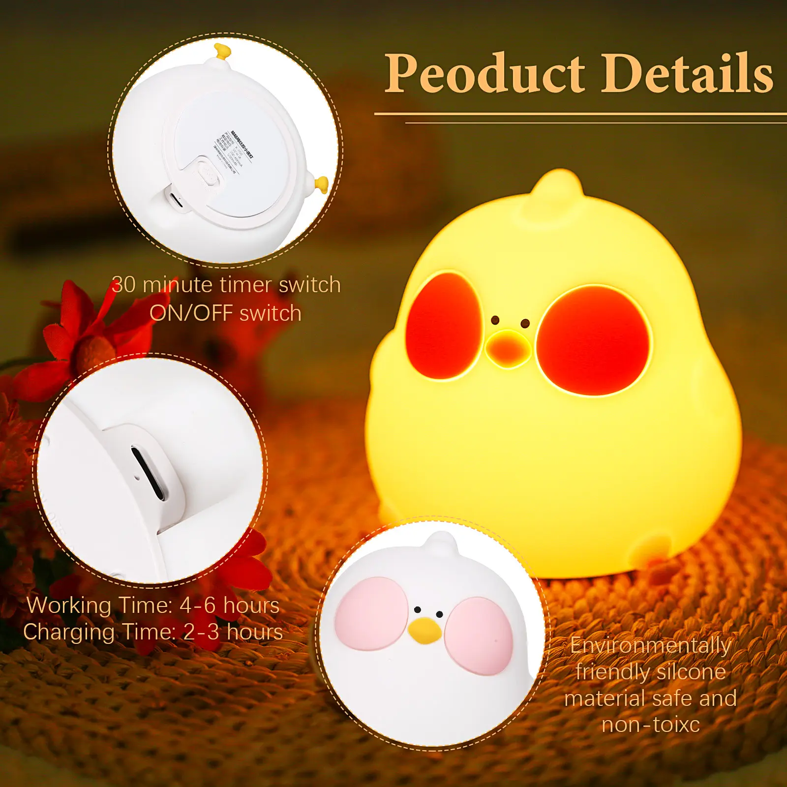 RGB Changing Nightlight Cute Chicken Night Light Silicone Chick Bedside Nursery Lamp Dimmable Rechargeable Tap Control for Baby