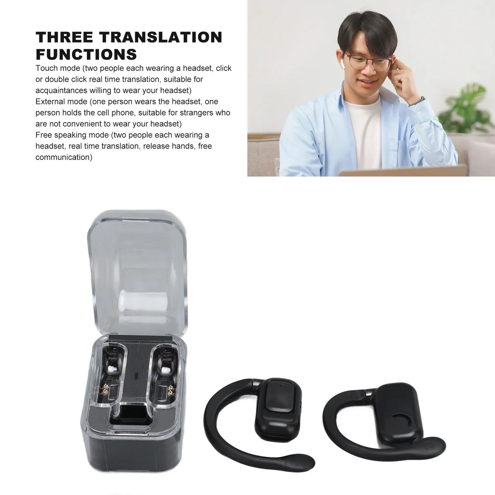 Translator Earbuds 3 Modes Translator Earhooks Bluetooth 5.3 Noise Reduction 144 Languages Wireless Touch  for Sports