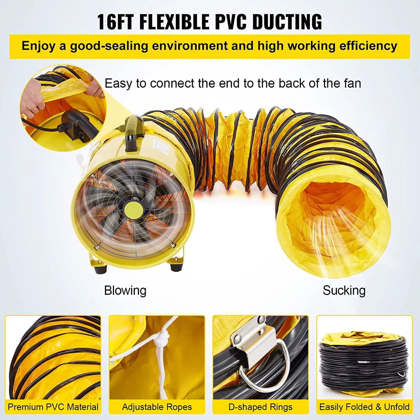 12in Utility Blower Fan Quickly Air Moving High Velocity Portable Ventilation Fan with 5m Hose for Home Job Site Utility Blower