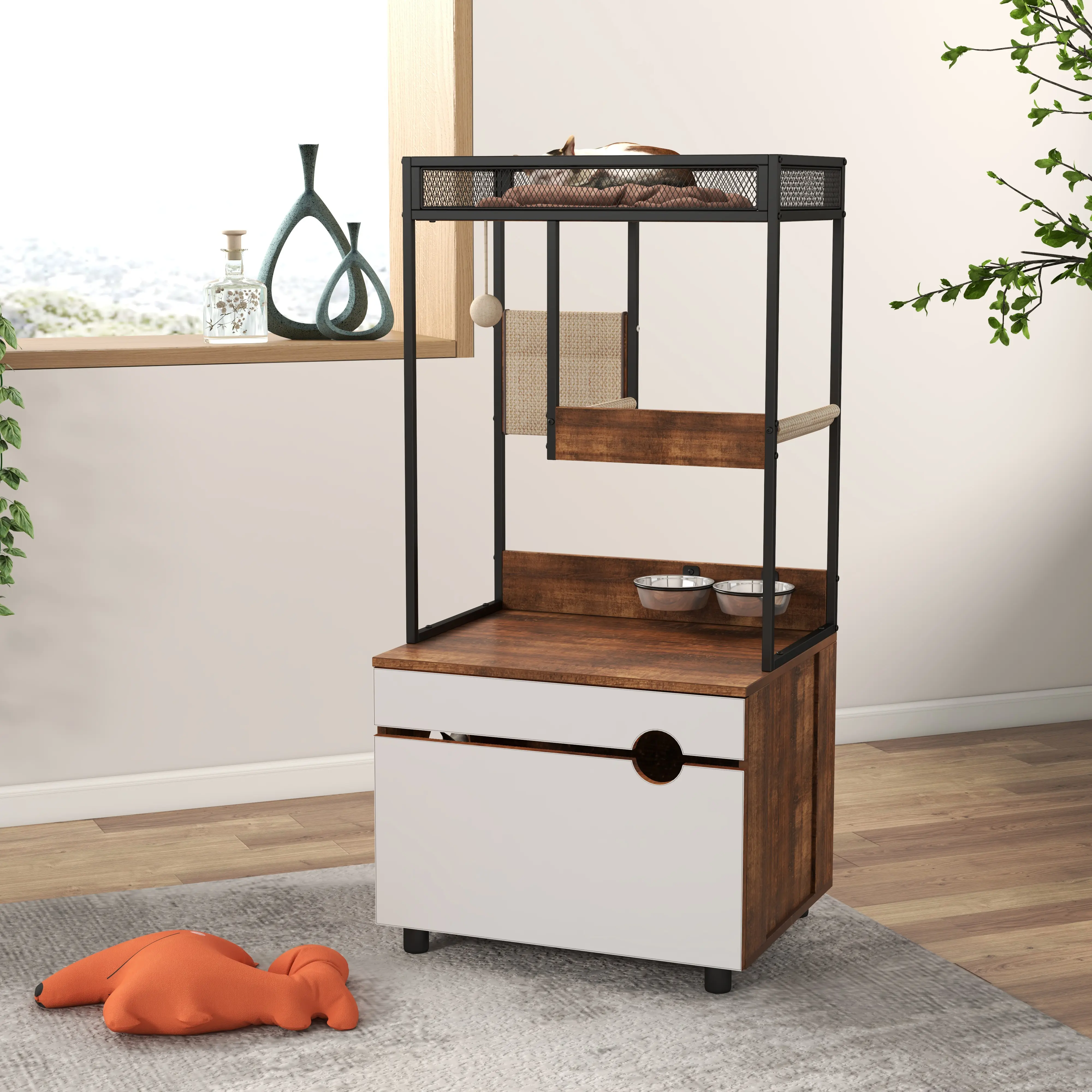 Hidden Cat Litter Box Enclosures with Cat Tree Tower, Cat Furniture with Scratching Pads and Large Storage Space, Industrial Cat