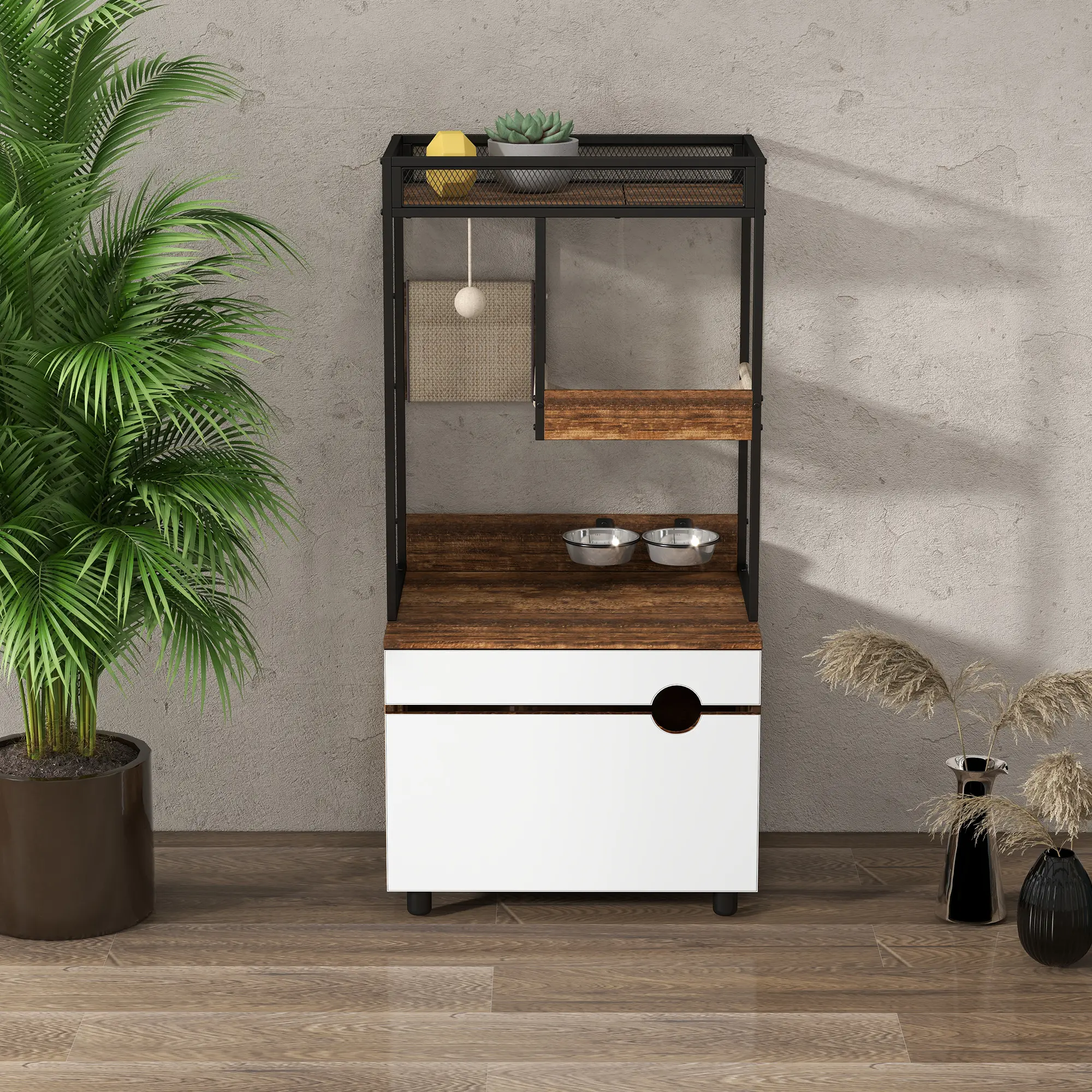 Hidden Cat Litter Box Enclosures with Cat Tree Tower, Cat Furniture with Scratching Pads and Large Storage Space, Industrial Cat