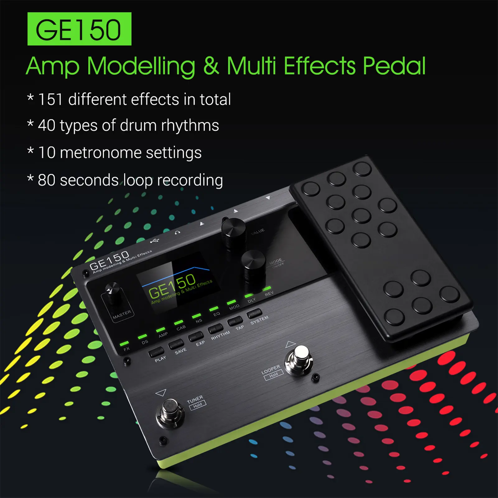 MOOER 151 Effects GE150 Amp Modelling & Multi Effects Pedal 55 Amplifier Models 80s Looper 40 Drum Rhythms 10 Metronome Tap Temp