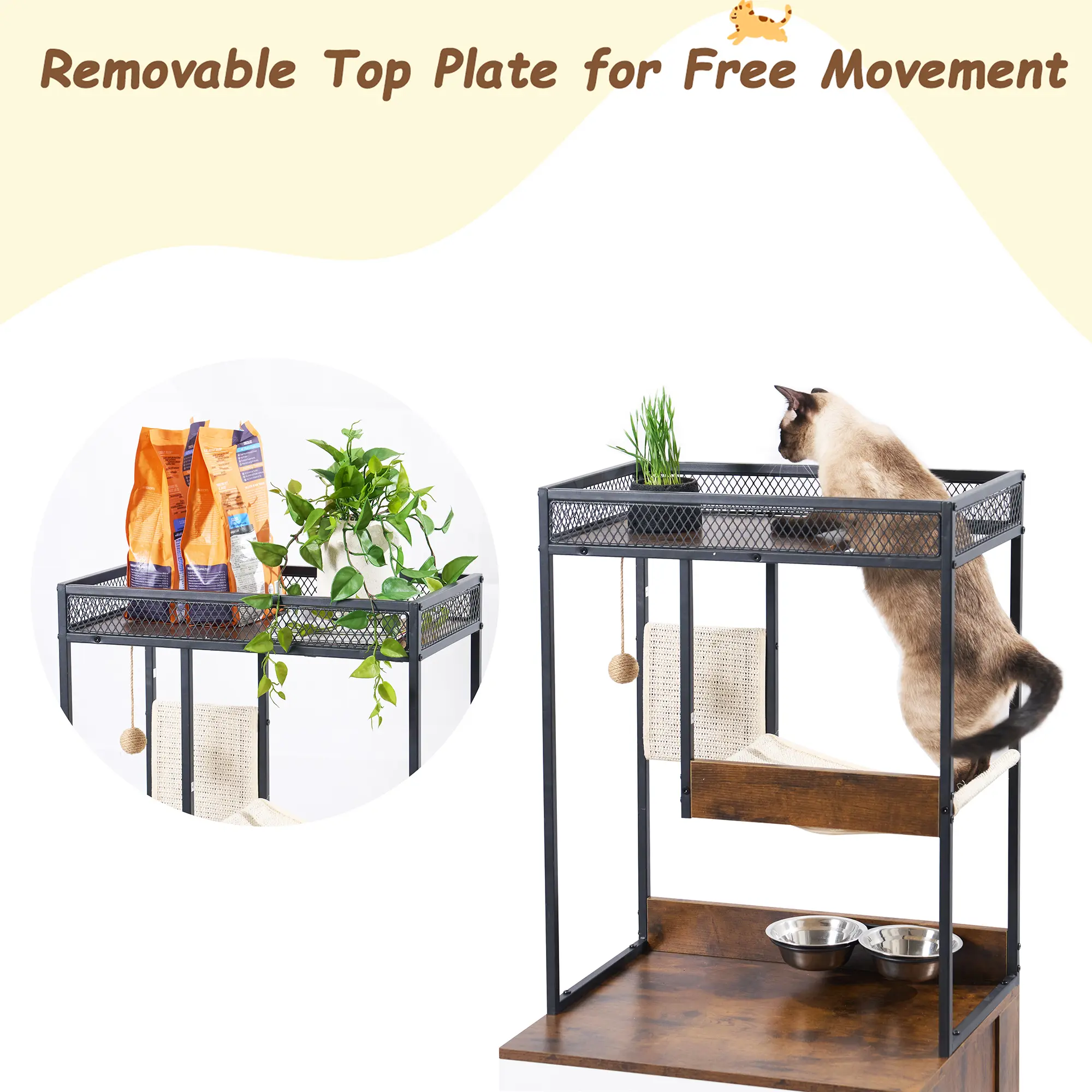 Hidden Cat Litter Box Enclosures with Cat Tree Tower, Cat Furniture with Scratching Pads and Large Storage Space, Industrial Cat