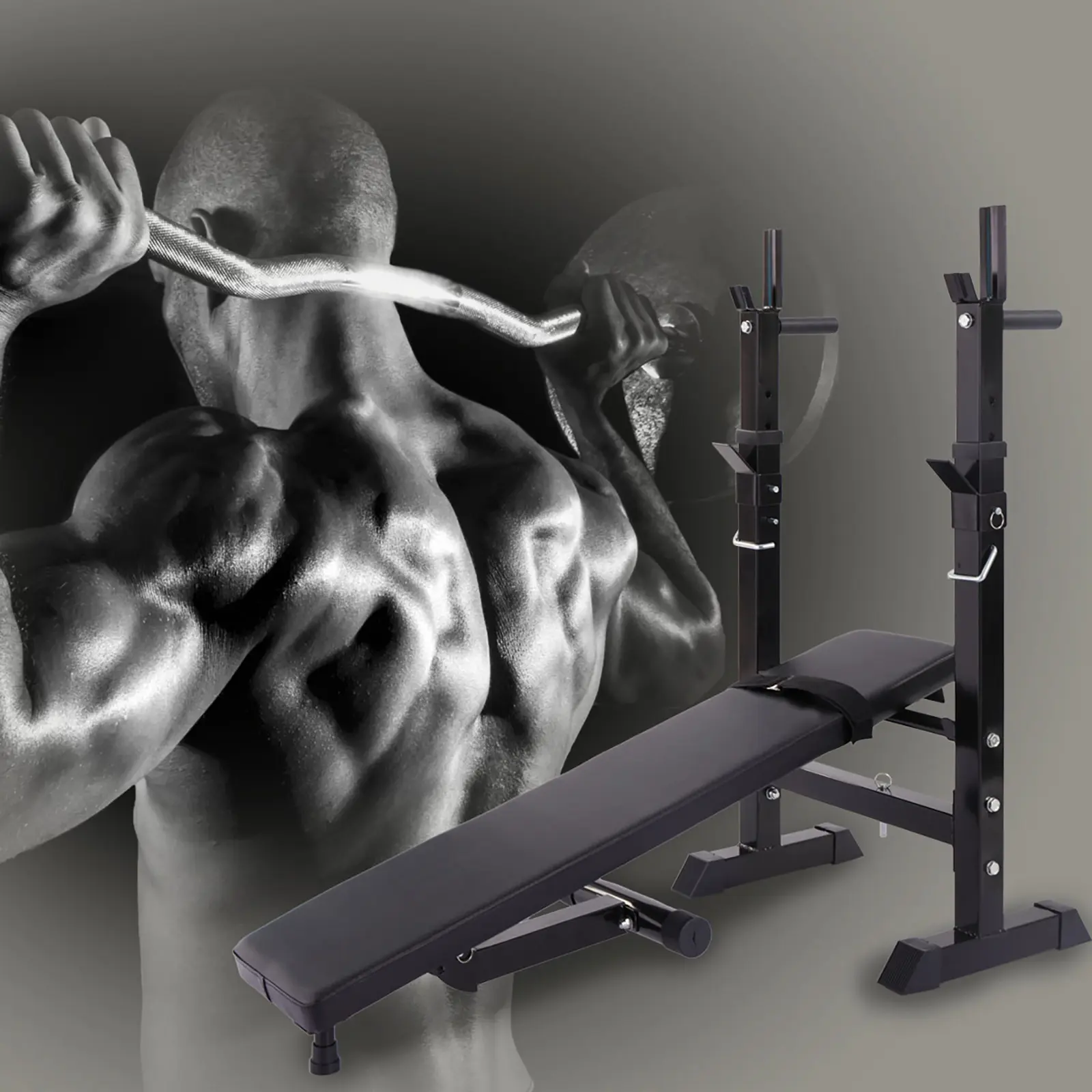 Adjustable Folding Multifunctional Workout Station Adjustable Workout Bench with Squat Rack - balck red