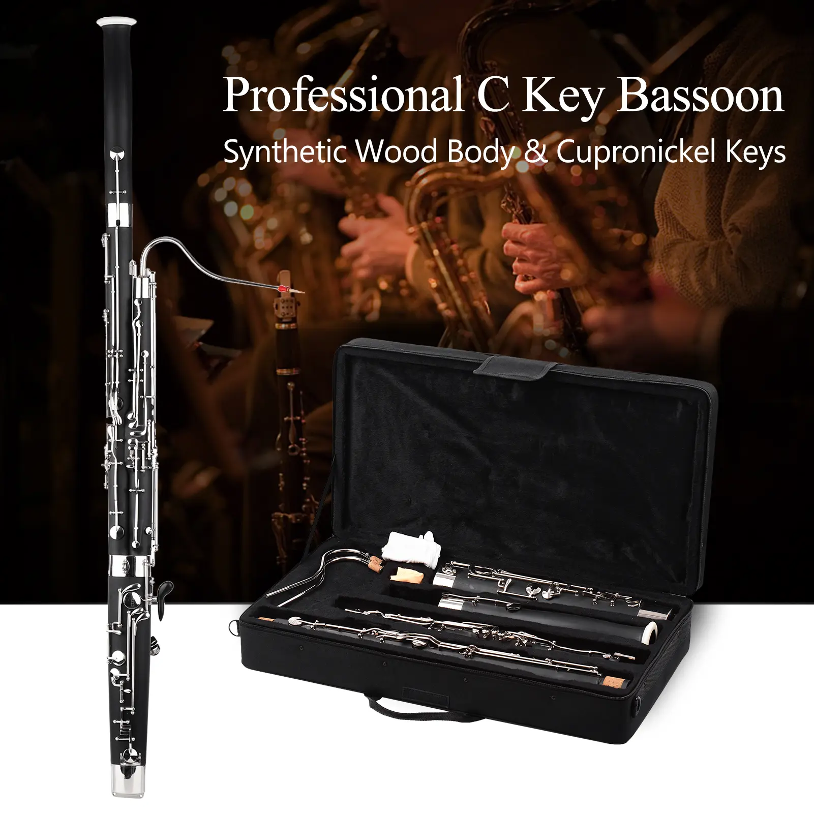 C Key Professional Bassoon Woodwind Instrument Synthetic Wood Body Cupronickel Silver-plated & Nickel-Plated Keys with Reed Glov