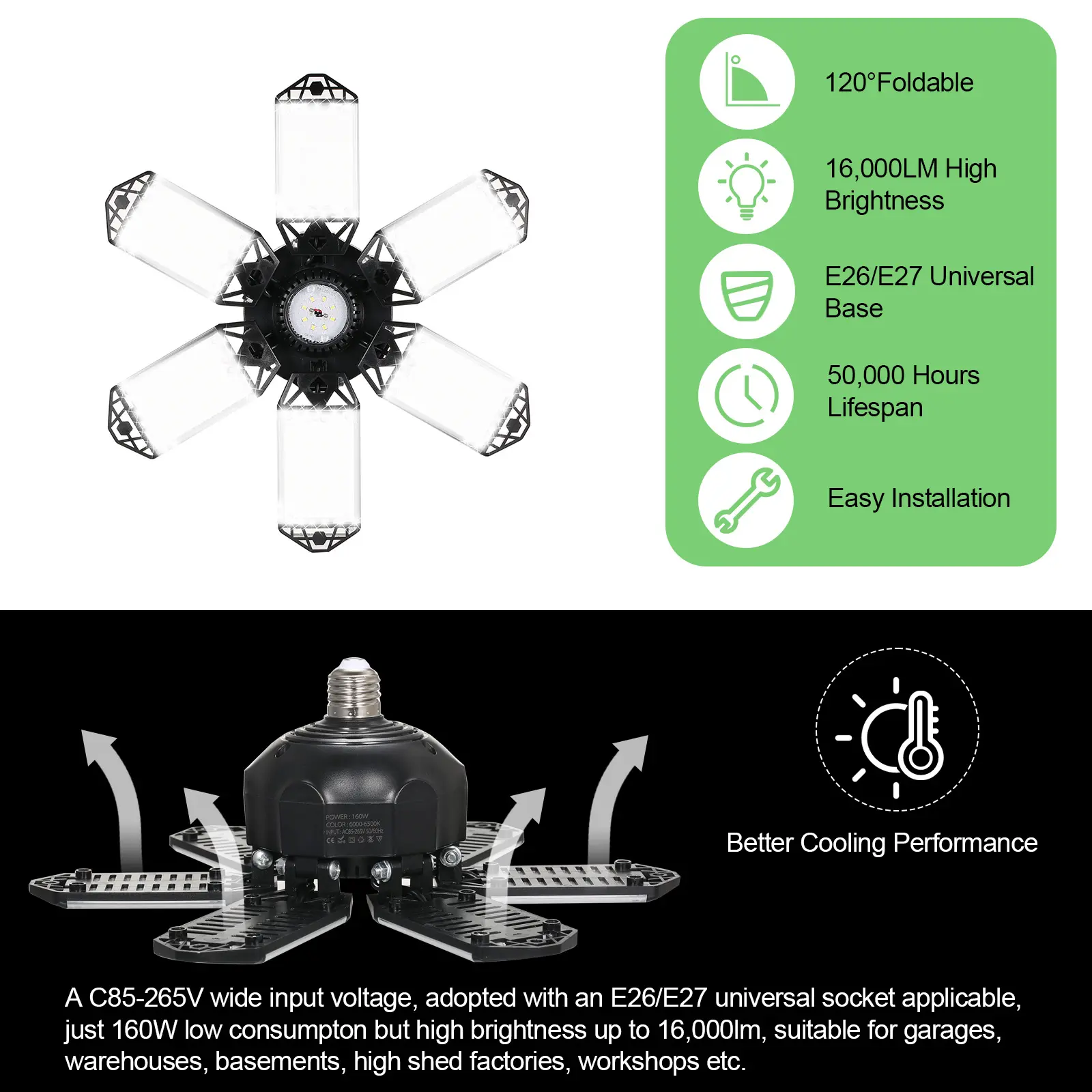 2PCS Ceiling Lamp A C85-265V 160W 152LEDs Garage Light with 6 Adjustable LED Deformable Folding for Garage Warehouse Workshop
