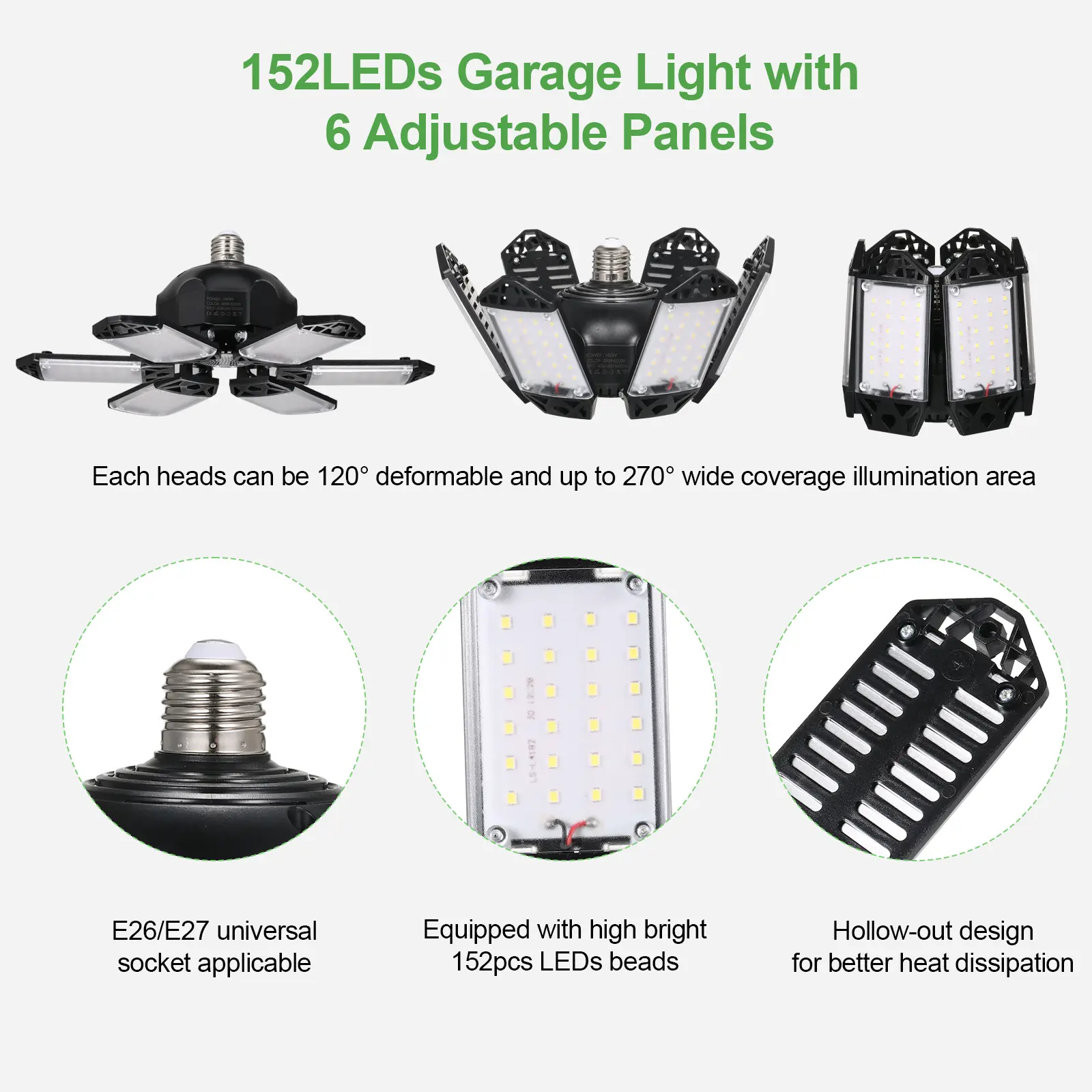 2PCS Ceiling Lamp A C85-265V 160W 152LEDs Garage Light with 6 Adjustable LED Deformable Folding for Garage Warehouse Workshop