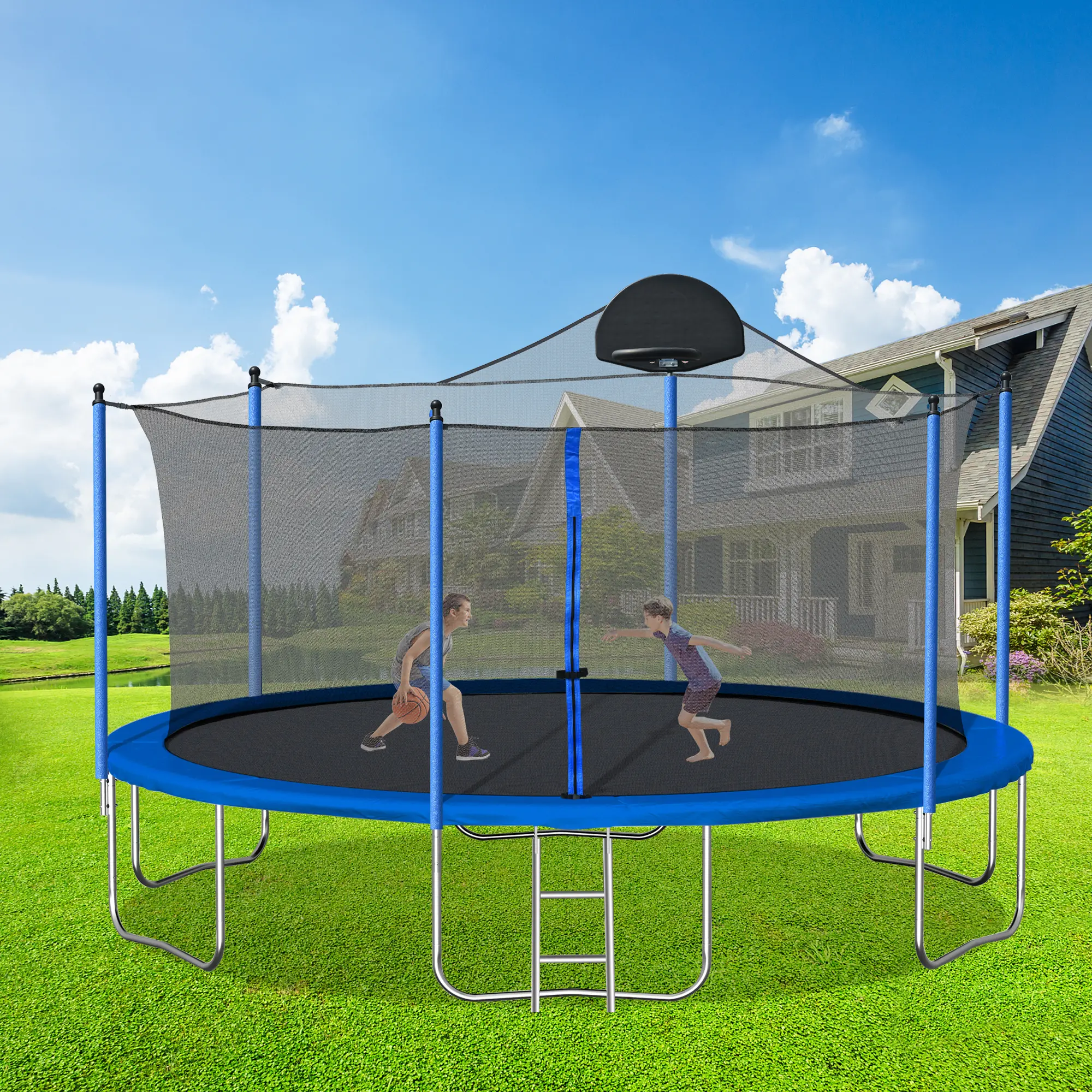 14FT TRAMPOLINE WITH BOARD+METAL(BLUE)