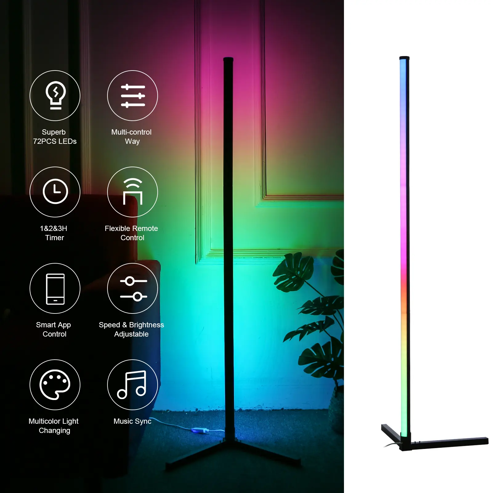 RGB Standing Light DC5V BT Connected 72 LEDs Corner Floor Lamp with Controller Supported Phones App Control/ Music Sync