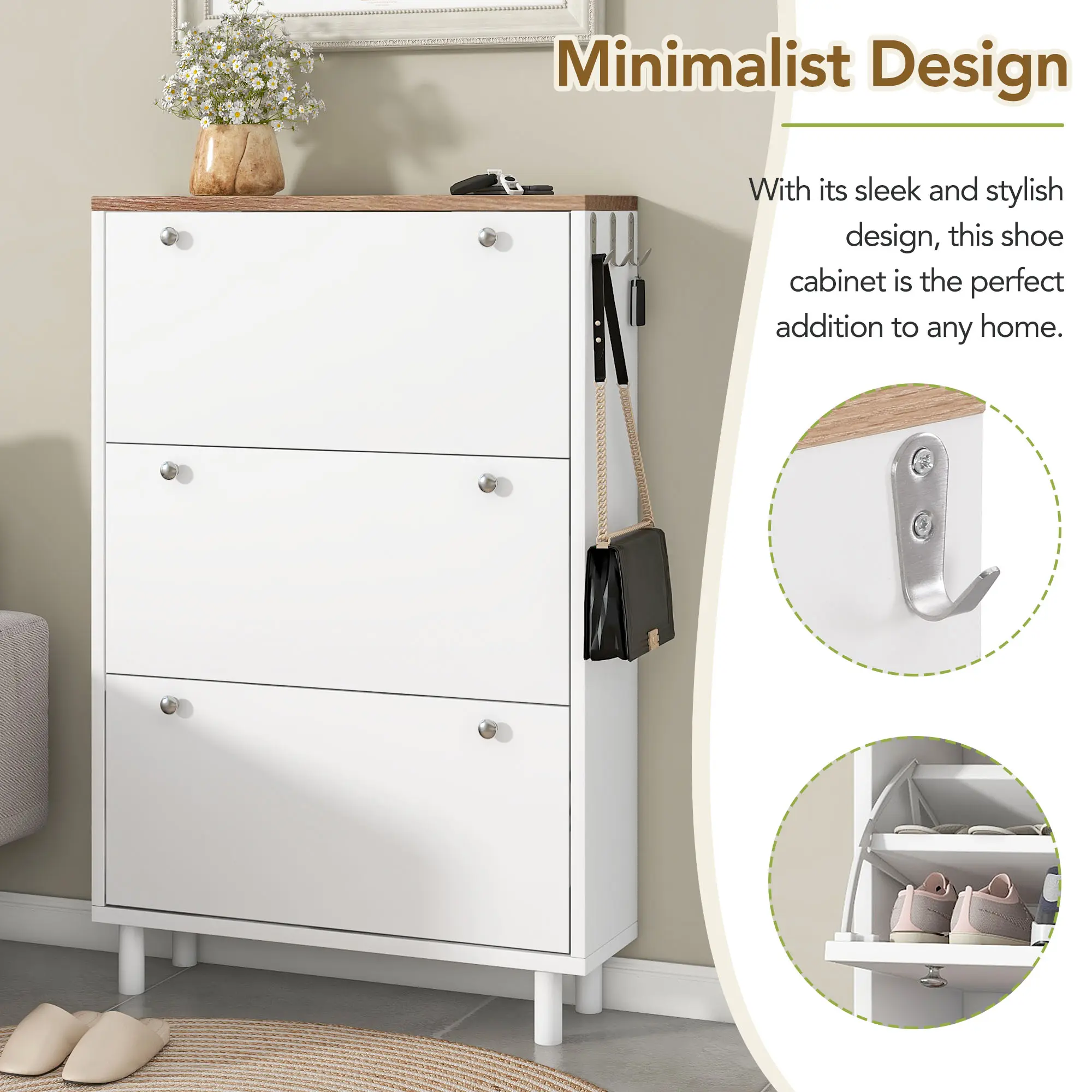 Narrow Design Shoe Cabinet with 3 Flip Drawers, Wood Grain Pattern Top Entryway Organizer with 3 Hooks, Free Standing Shoe Rack