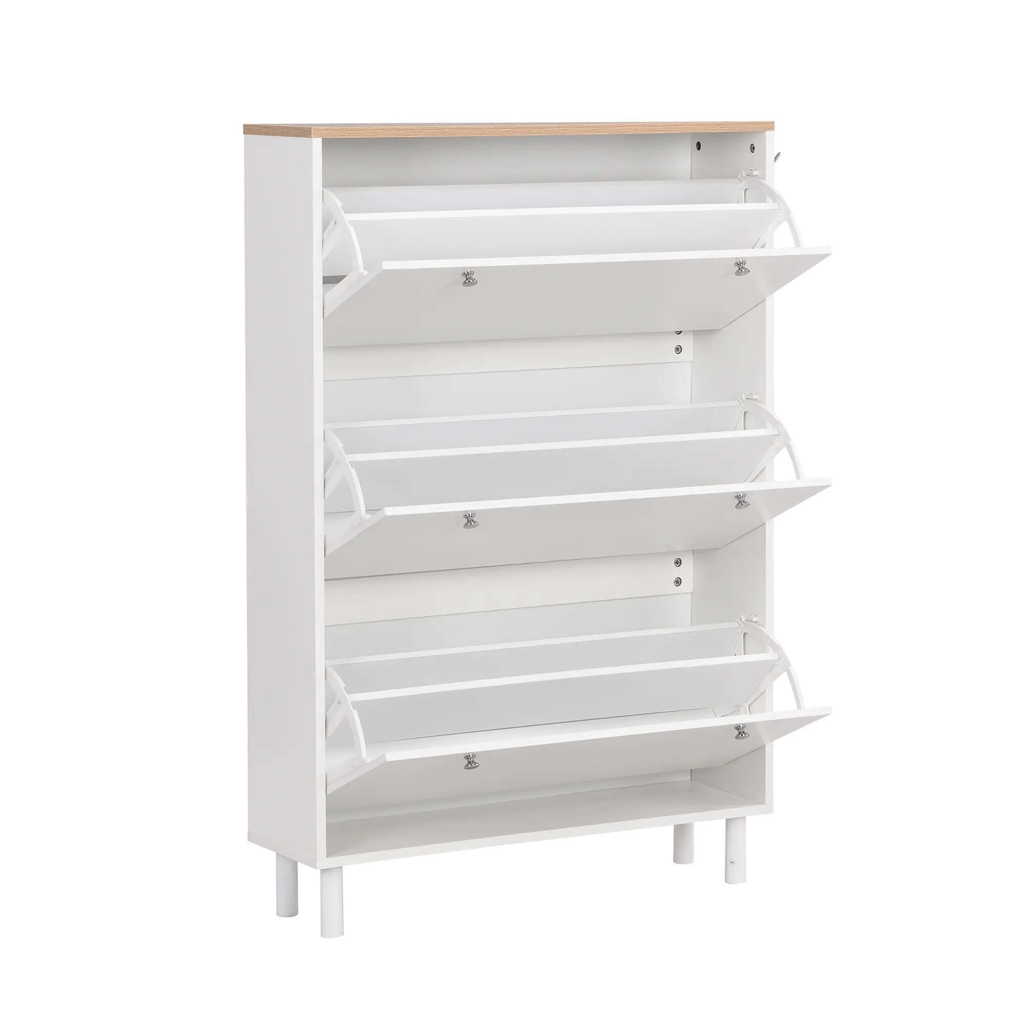 Narrow Design Shoe Cabinet with 3 Flip Drawers, Wood Grain Pattern Top Entryway Organizer with 3 Hooks, Free Standing Shoe Rack