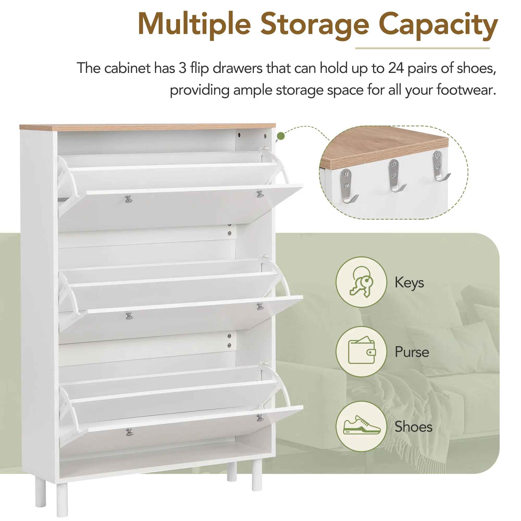 Narrow Design Shoe Cabinet with 3 Flip Drawers, Wood Grain Pattern Top Entryway Organizer with 3 Hooks, Free Standing Shoe Rack