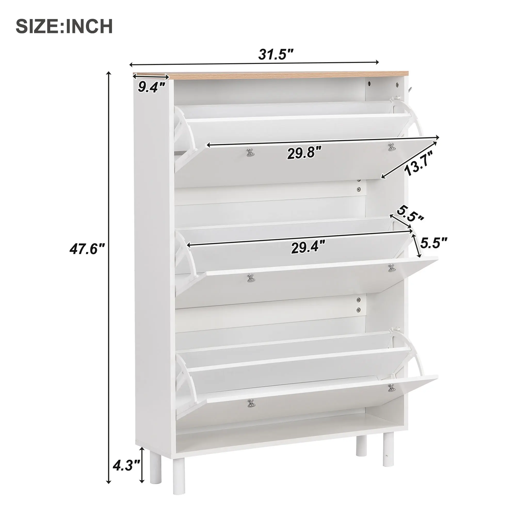 Narrow Design Shoe Cabinet with 3 Flip Drawers, Wood Grain Pattern Top Entryway Organizer with 3 Hooks, Free Standing Shoe Rack