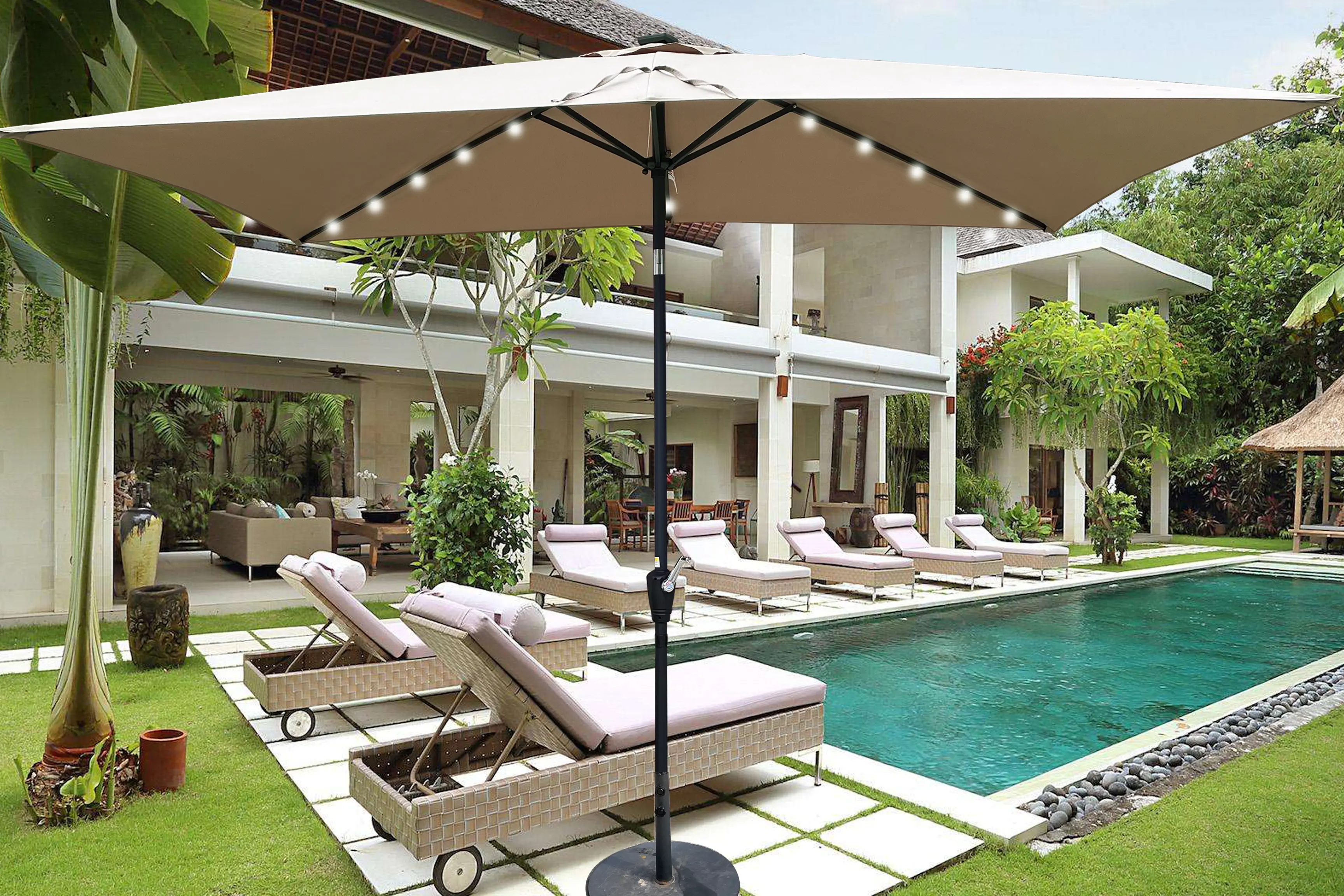 10 x 6.5t Rectangular Patio Solar LED Lighted Outdoor Umbrellas with Crank and Push Button Tilt for Garden Backyard Pool Swimmin