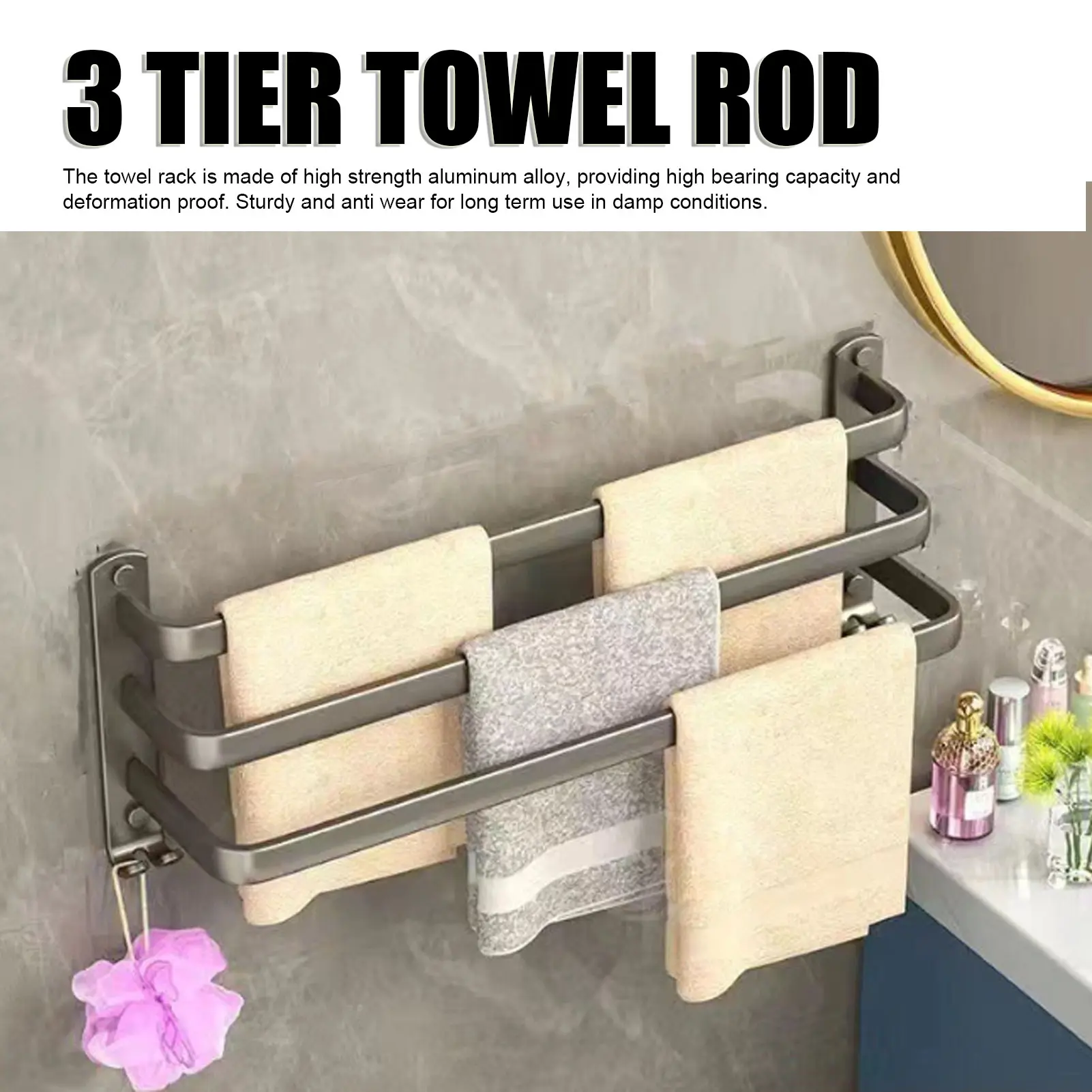 Wall Mounted Towel Holder 60CM Space Saving Enhanced Ventilation Convenient Hook 3 Tier Towel Rod Easy Installation for Hotel