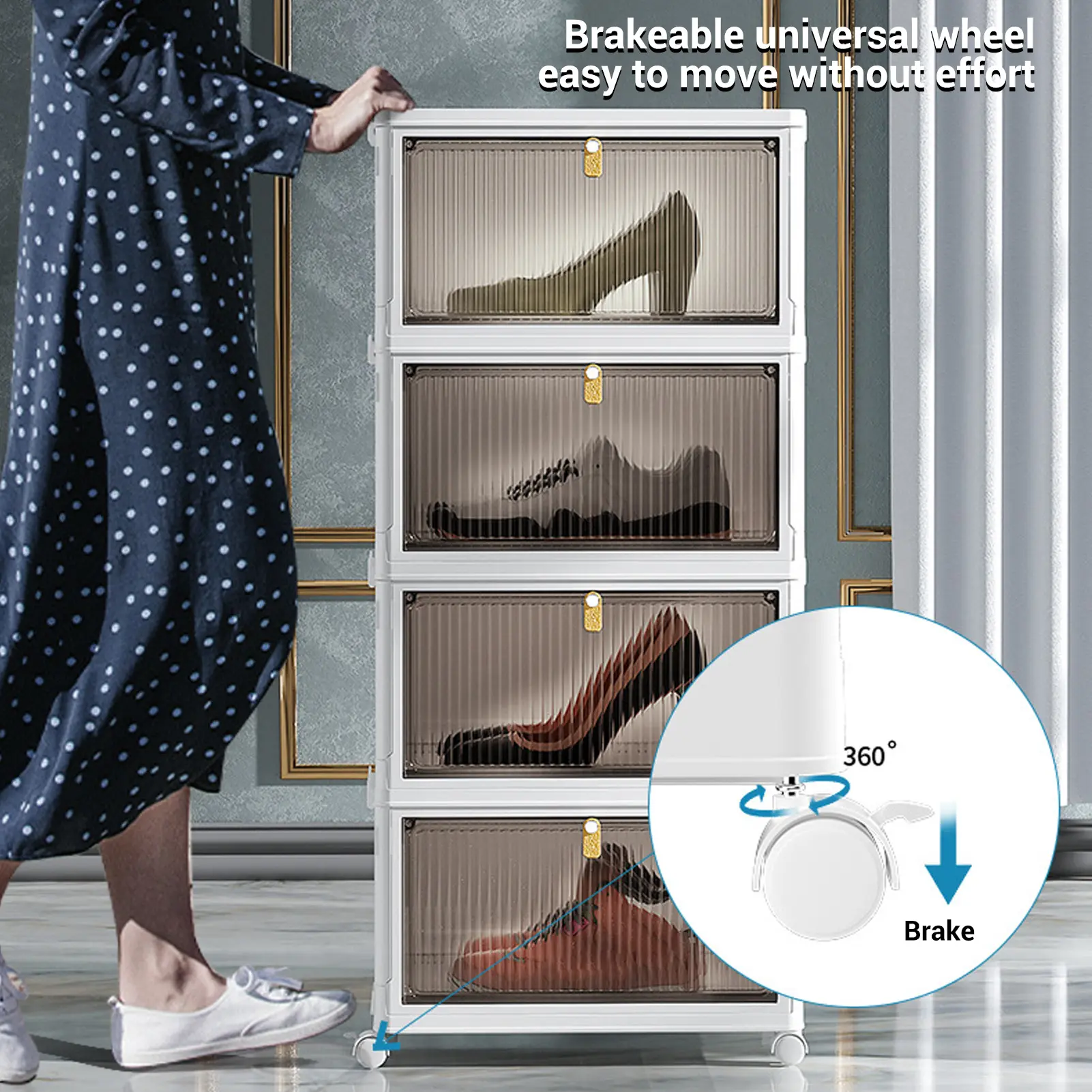 Folding Shoes Storage Box 4 Layers Transparent Large Capacity Foldable Shoe Rack Organizer with Wheels Folding Shoes Storage Box