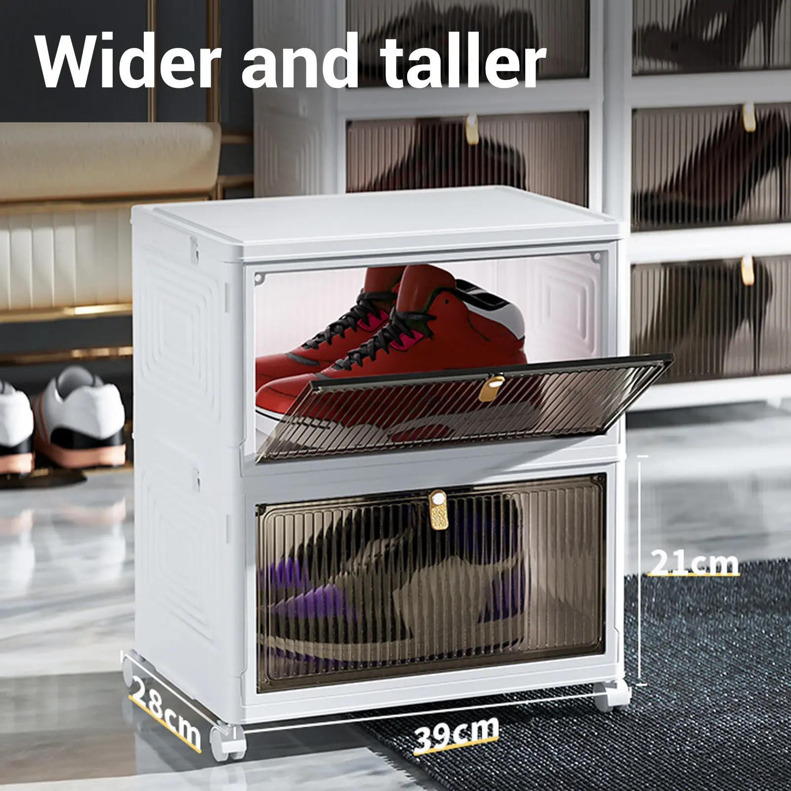 Folding Shoes Storage Box 4 Layers Transparent Large Capacity Foldable Shoe Rack Organizer with Wheels Folding Shoes Storage Box