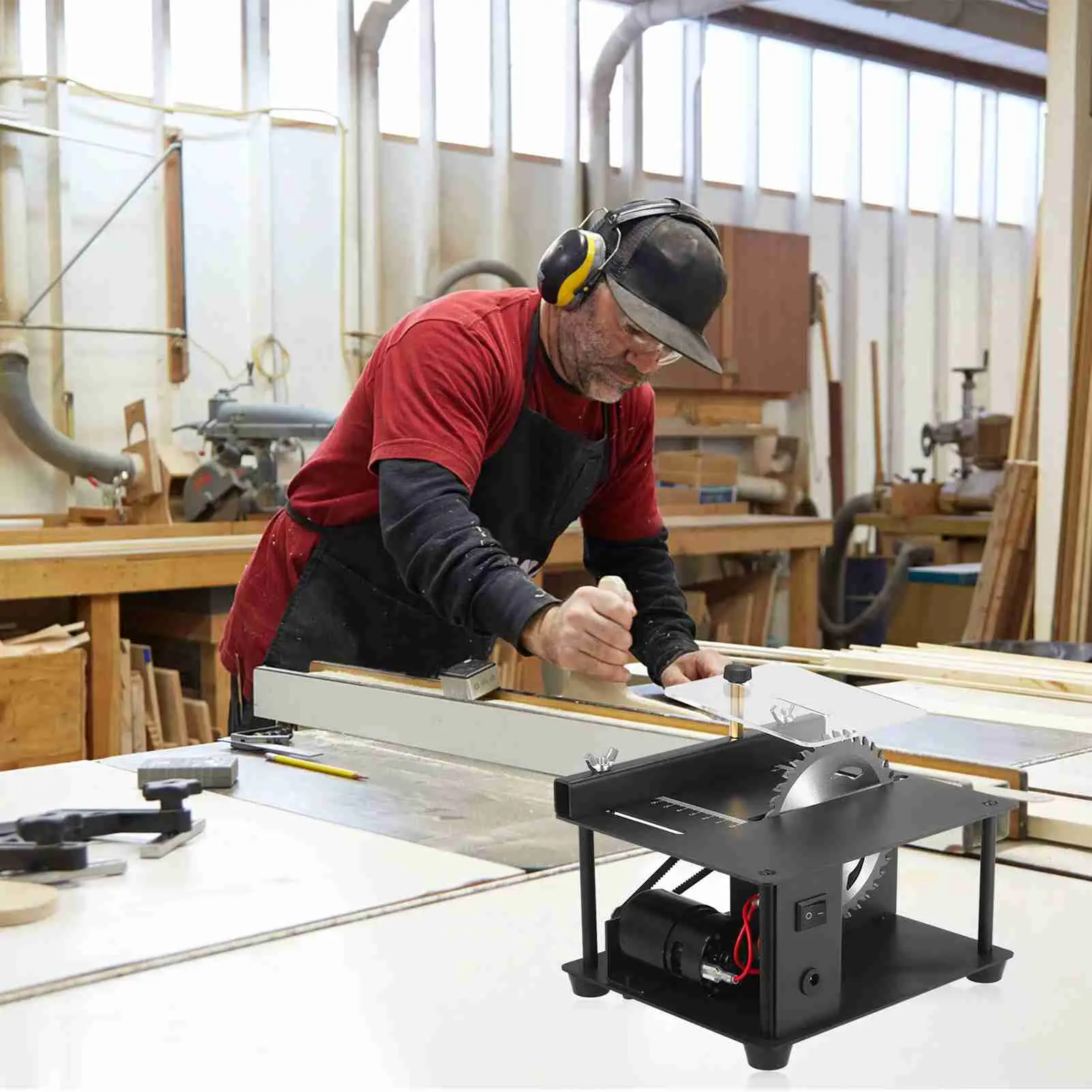 110-240V Multi-Functional Table Saw Mini Desktop Saw Cutter Electric Cutting Machine with Saw Blade Adjustable-Speed Angle Adjus