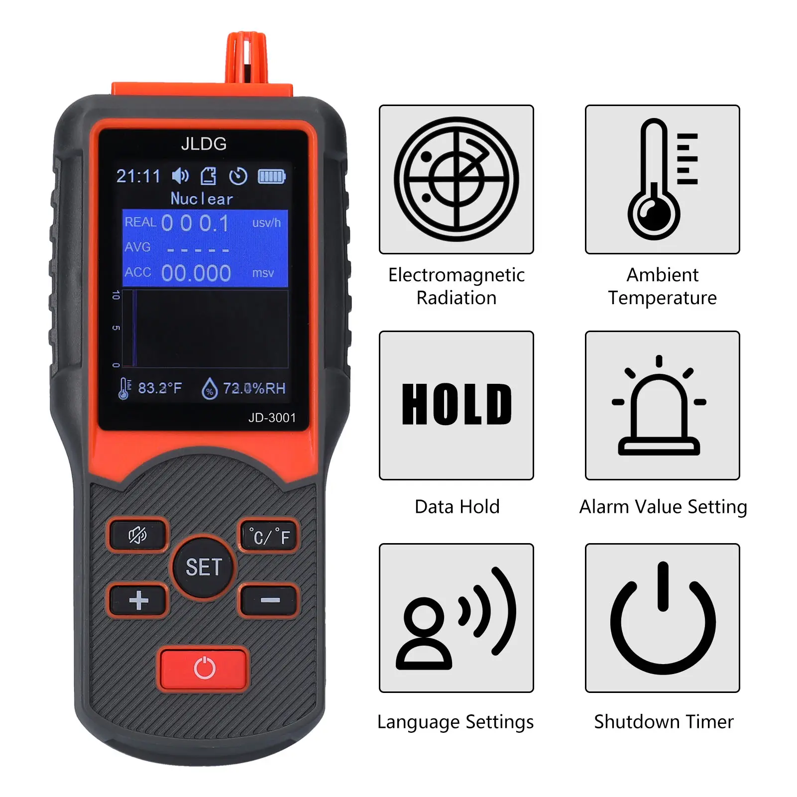 JD-3001 Multifunctional Geiger Counter and Electromagnetic Radiation Detector Temperature and Humidity Measurement Device with D