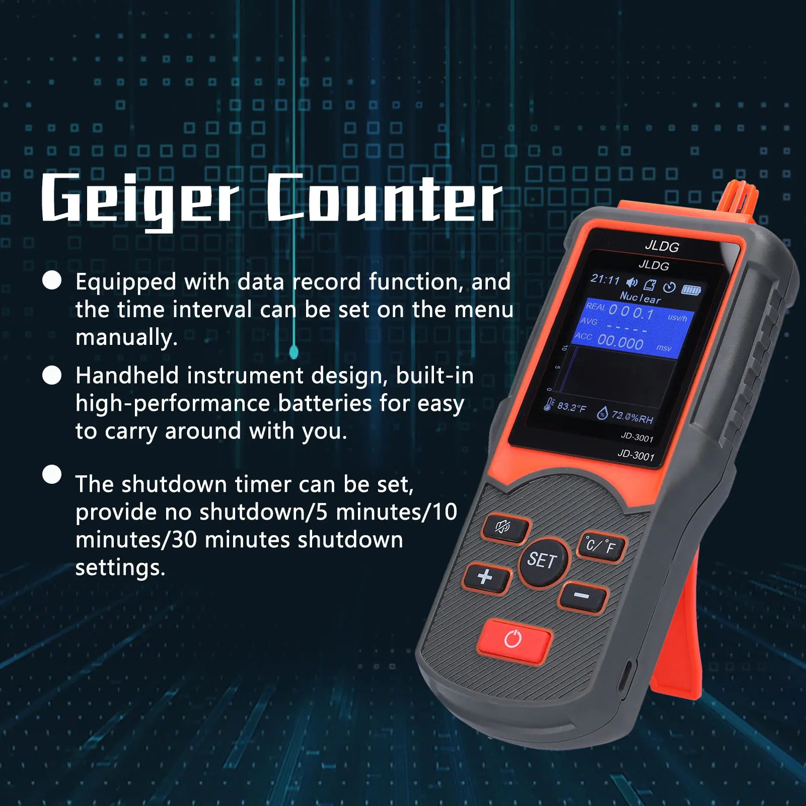 JD-3001 Multifunctional Geiger Counter and Electromagnetic Radiation Detector Temperature and Humidity Measurement Device with D
