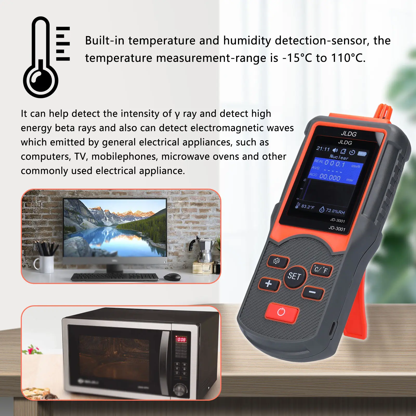 JD-3001 Multifunctional Geiger Counter and Electromagnetic Radiation Detector Temperature and Humidity Measurement Device with D